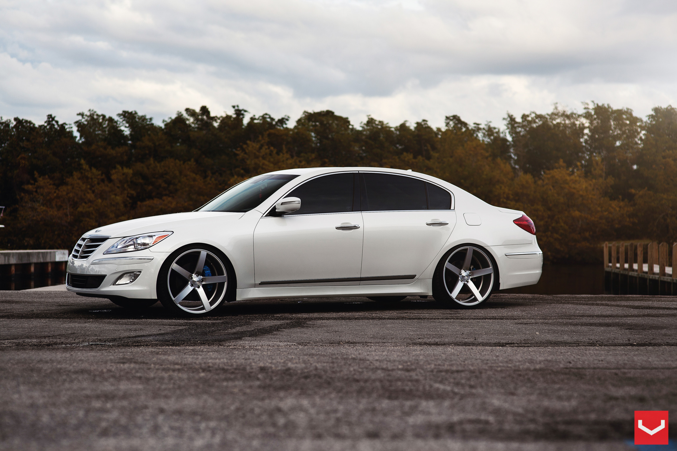 White Hyundai Genesis Custom Side Skirts - Photo by Vossen