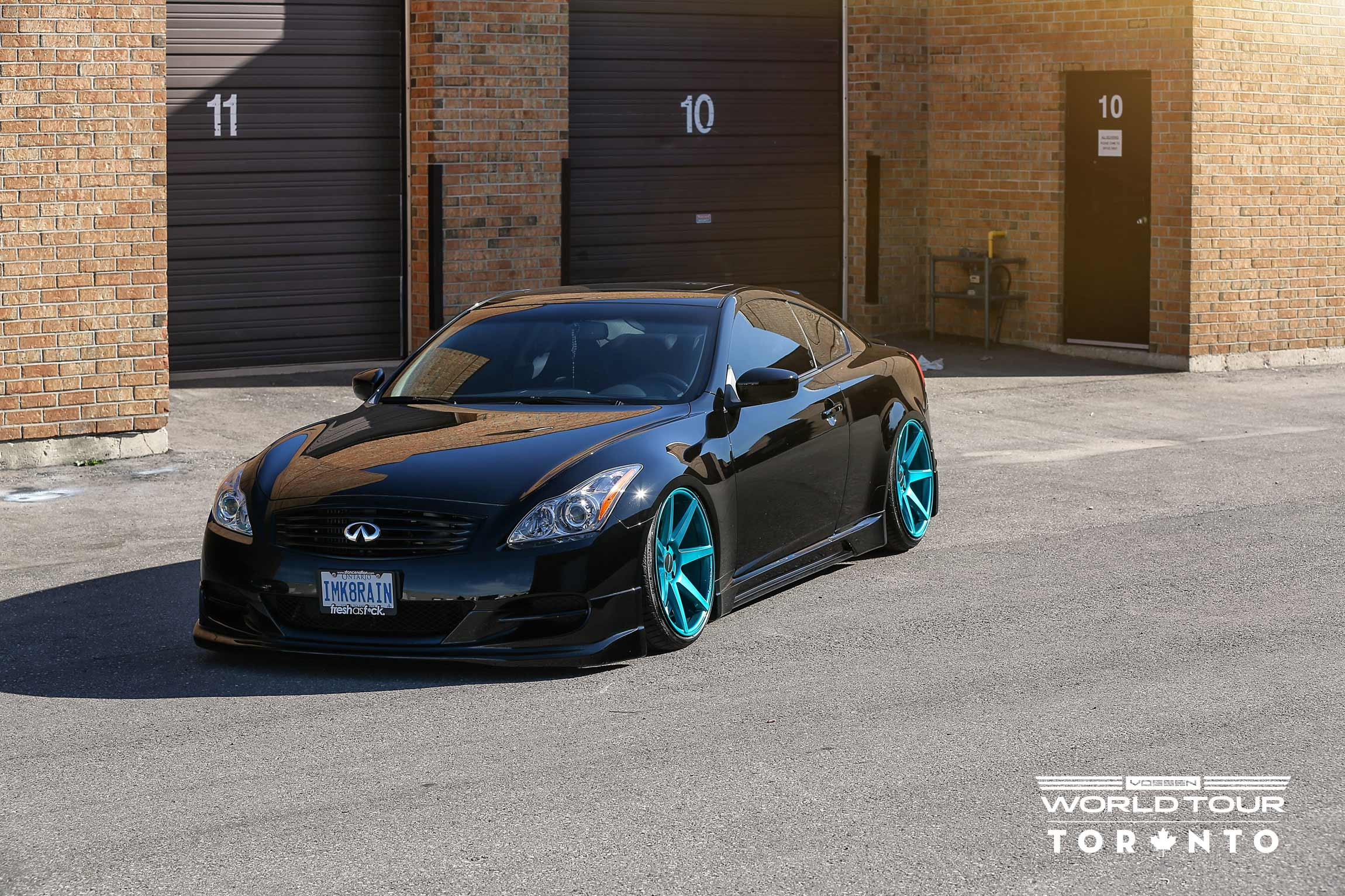 Black Stanced Infiniti G37 with Aftermarket Headlights - Photo by Vossen