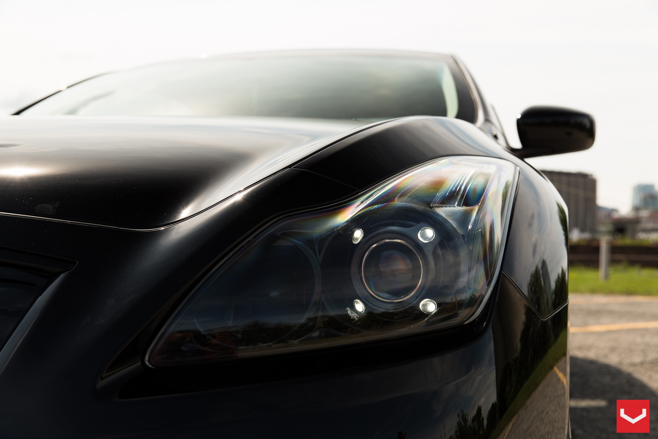 Dark Smoke Aftermarket Headlights on Black Infiniti G37 - Photo by Vossen