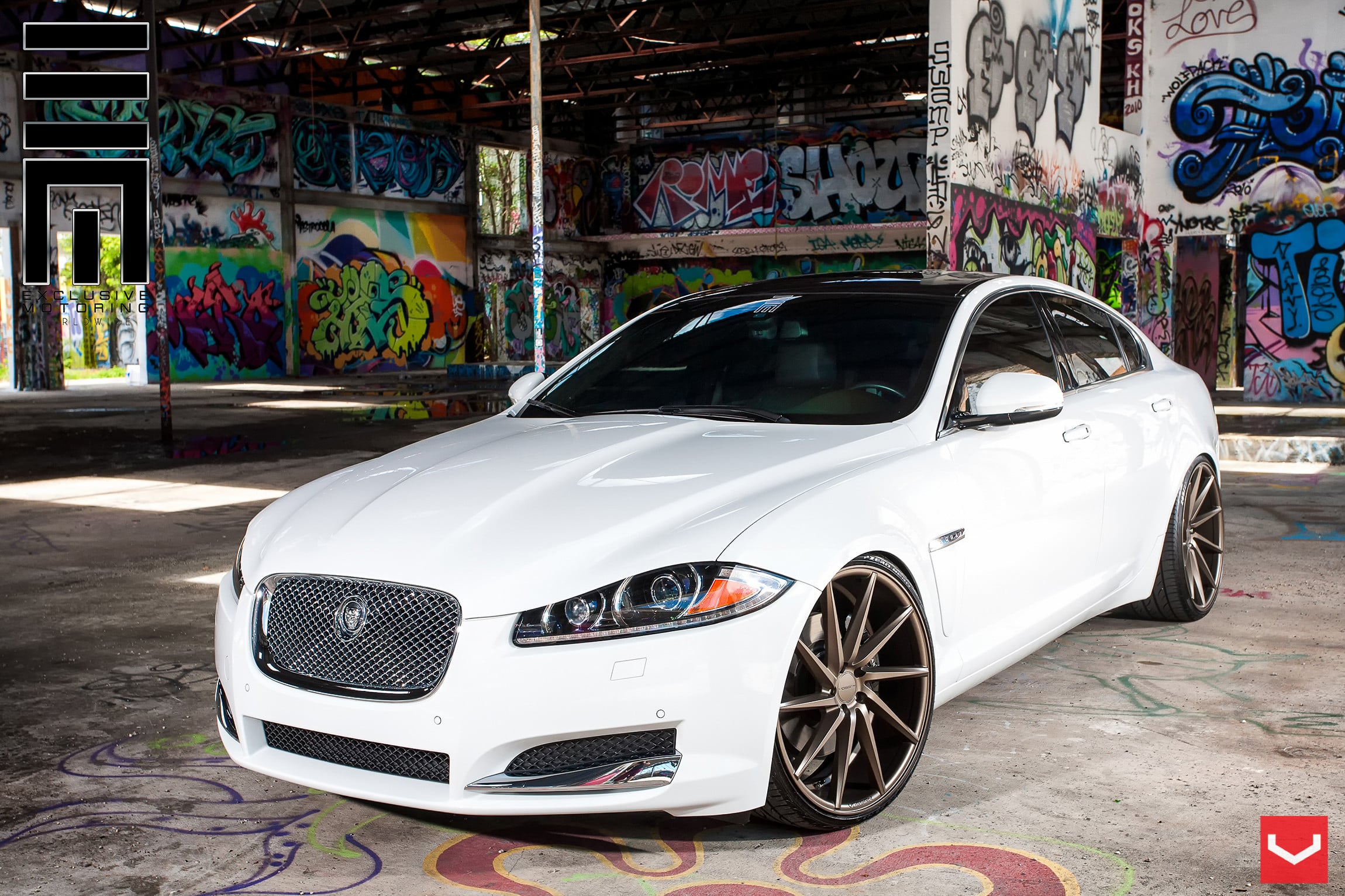 Chrome Mesh Grille on Custom White Jaguar XF - Photo by Vossen