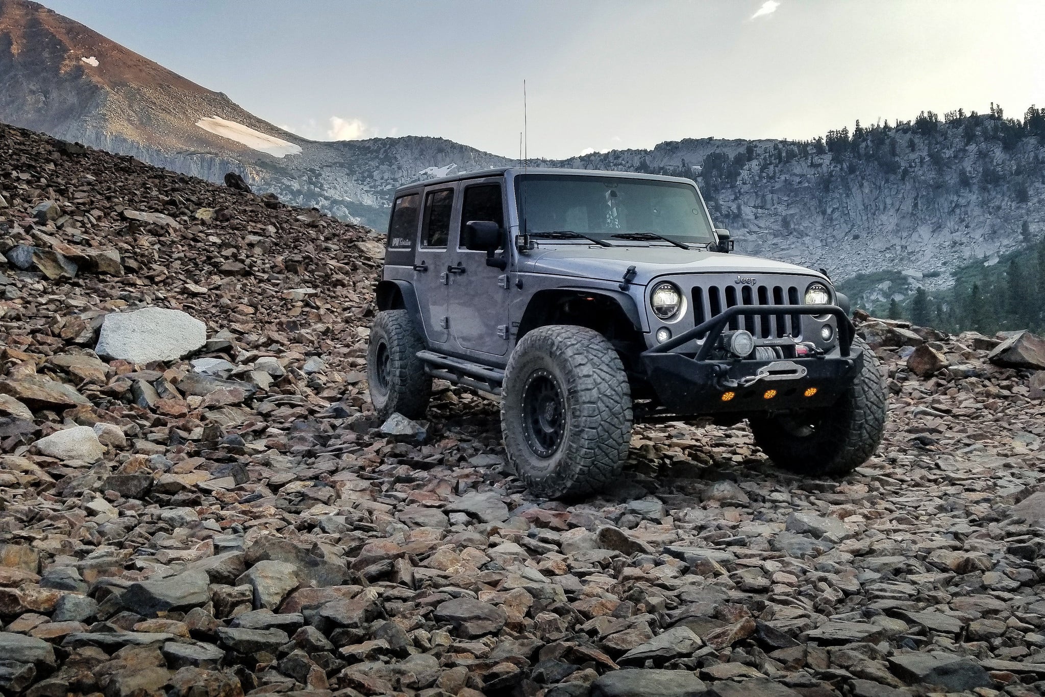 Gray Lifted Jeep Wrangler with PIAA Off-Road Lights - Photo by Black Rhino