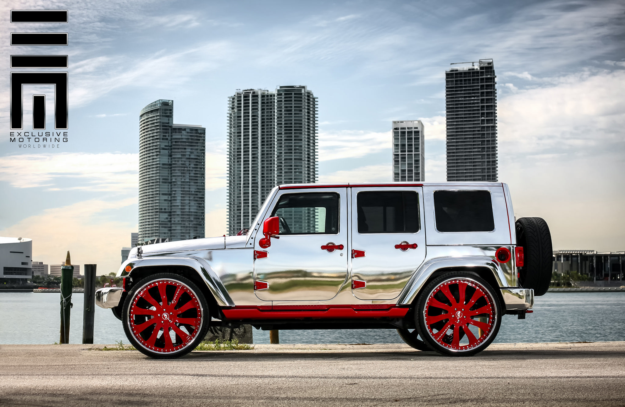 Chrome Jeep Wrangler With Red Forgiato Rims - Photo by Exclusive Motoring