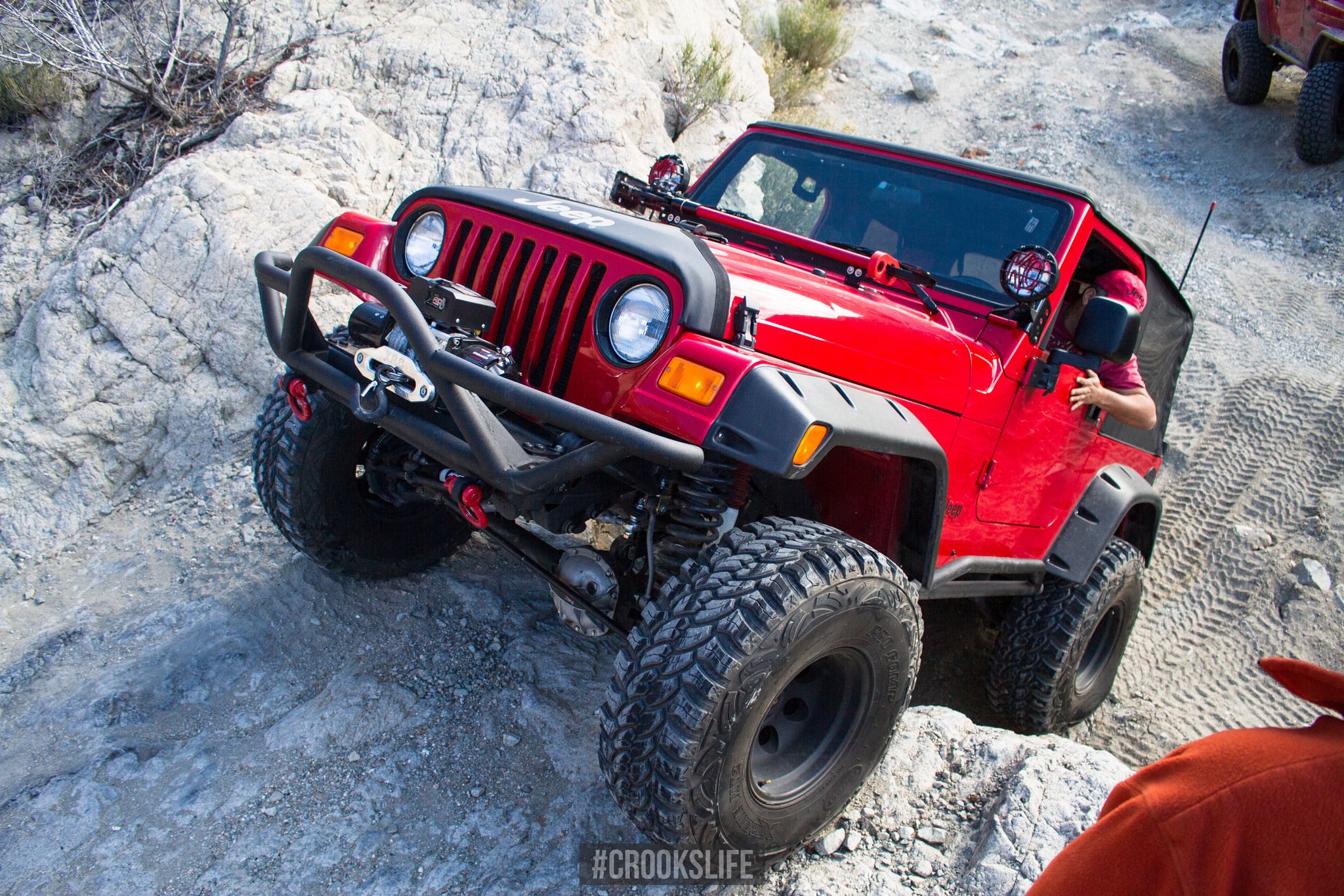 Off-road Front HD Winch Bumper on Red Jeep Wrangler - Photo by Jimmy Crook
