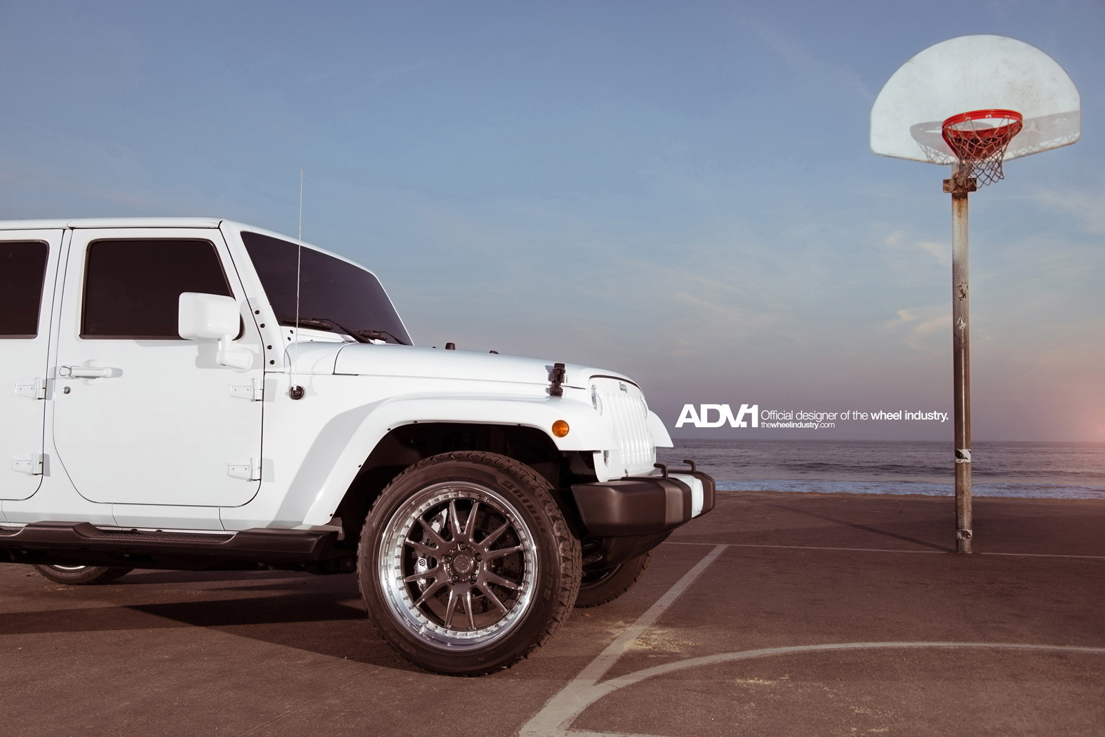 Polished Gunmetal ADV1 Rims on White Jeep Wrangler - Photo by ADV.1