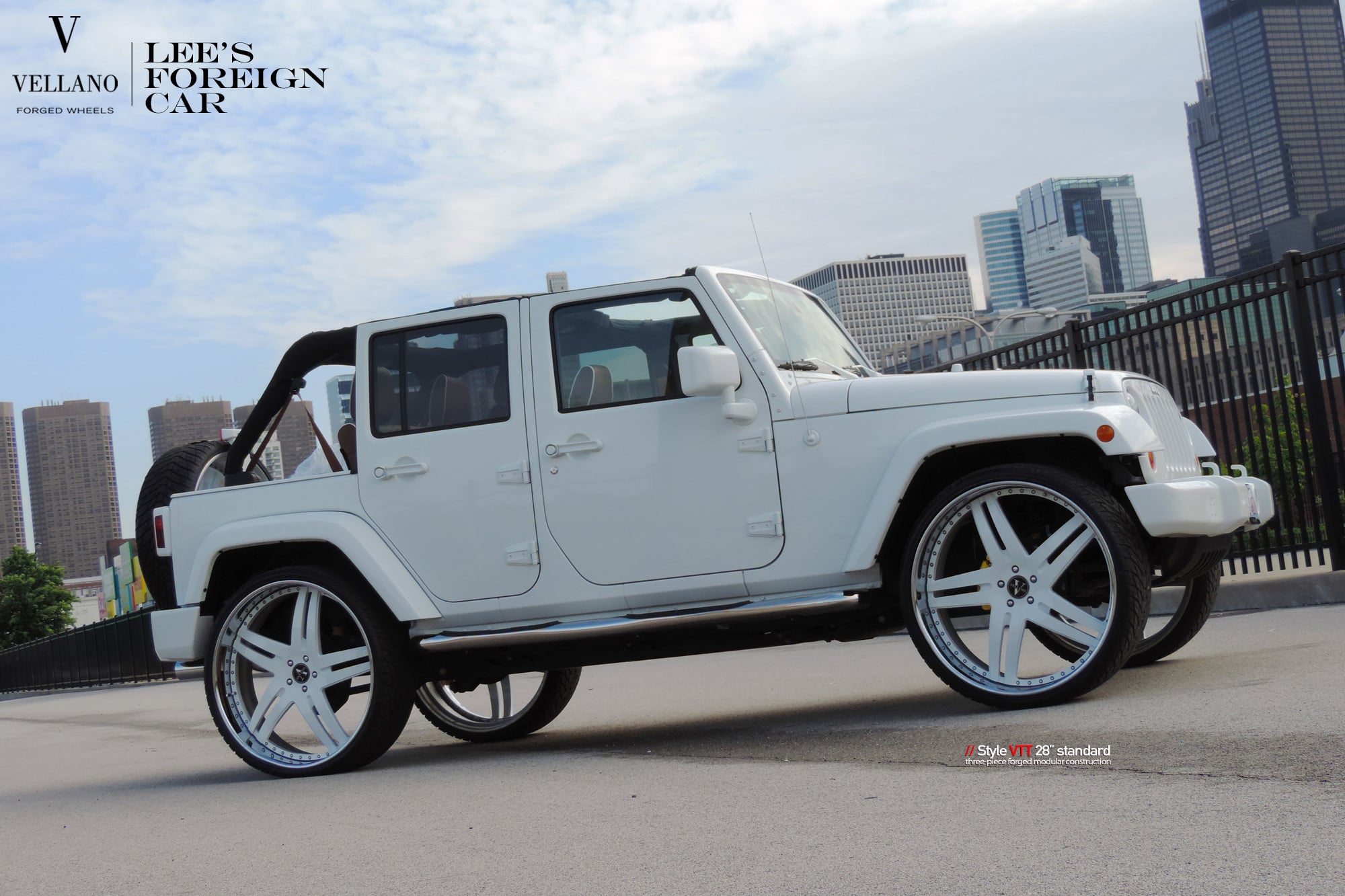 Custom Running Boards on White Jeep Wrangler - Photo by Vellano