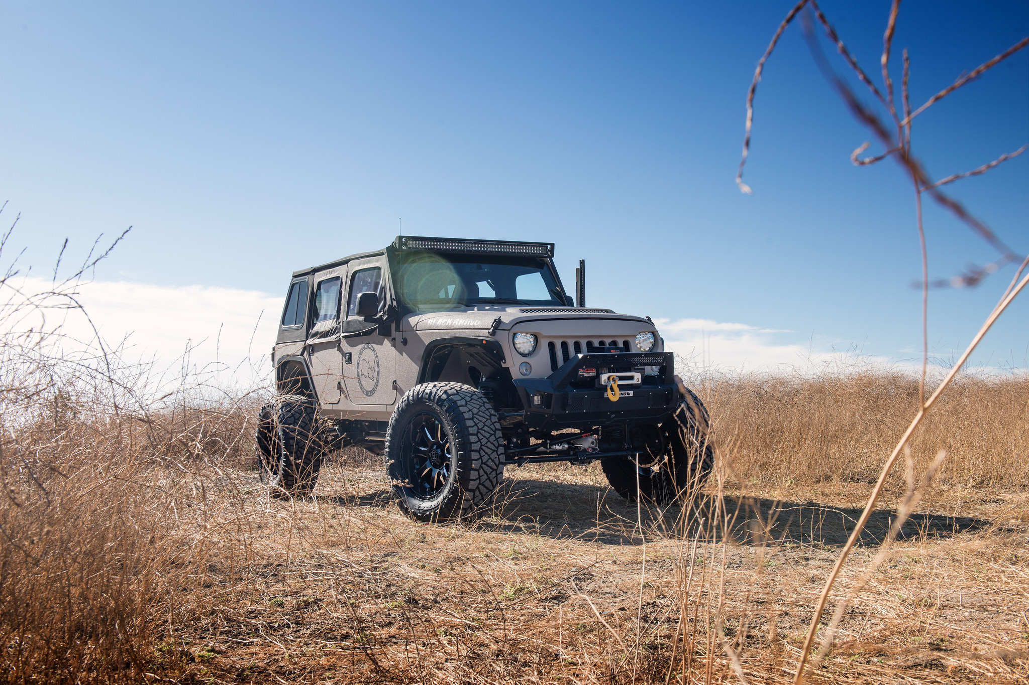 Off-Road Winch Front Bumper on Gray Jeep Wrangler - Photo by Black Rhino