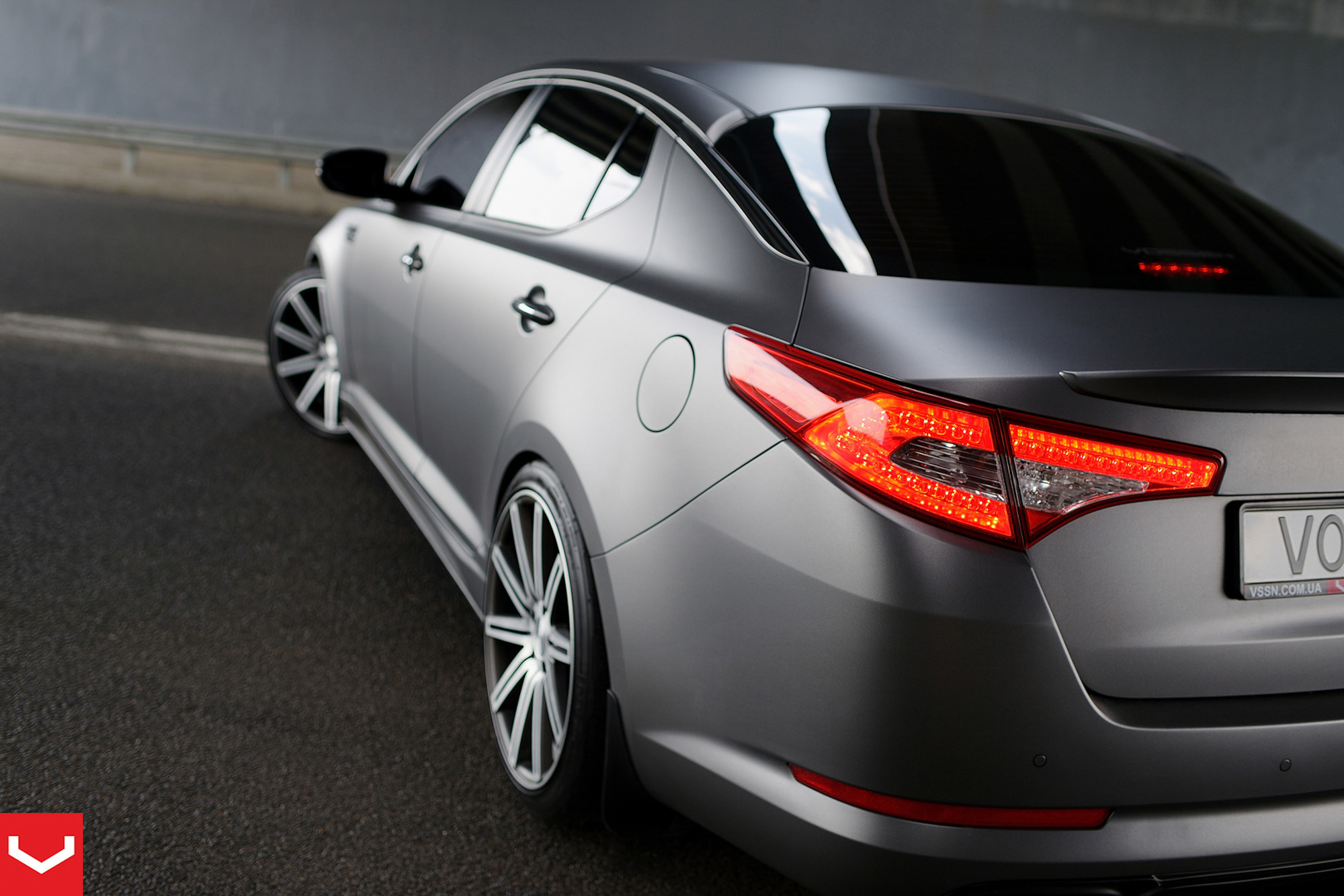 Silver Kia Optima with Custom Red LED Taillights - Photo by Vossen