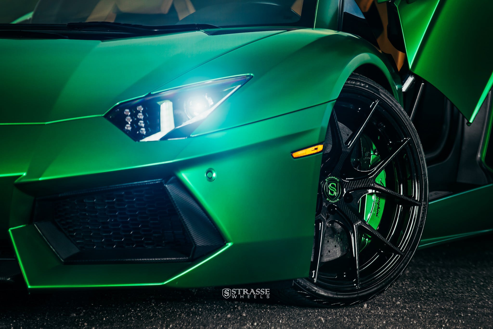 Carbon Fiber Canards on Green Lamborghini Aventador - Photo by Strasse Forged