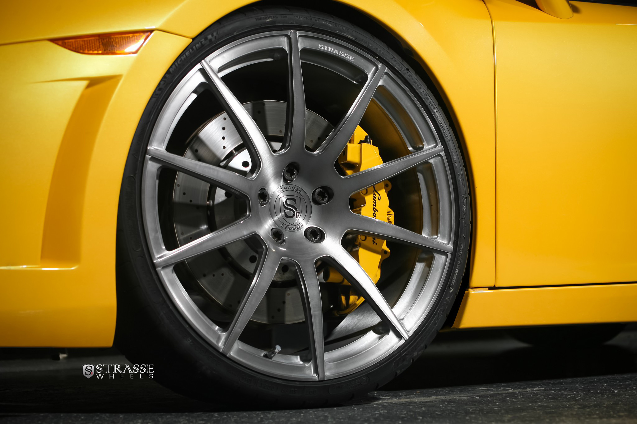 Brushed Titanium Strasse Wheels on Yellow Lamborghini Gallardo - Photo by Strasse Forged