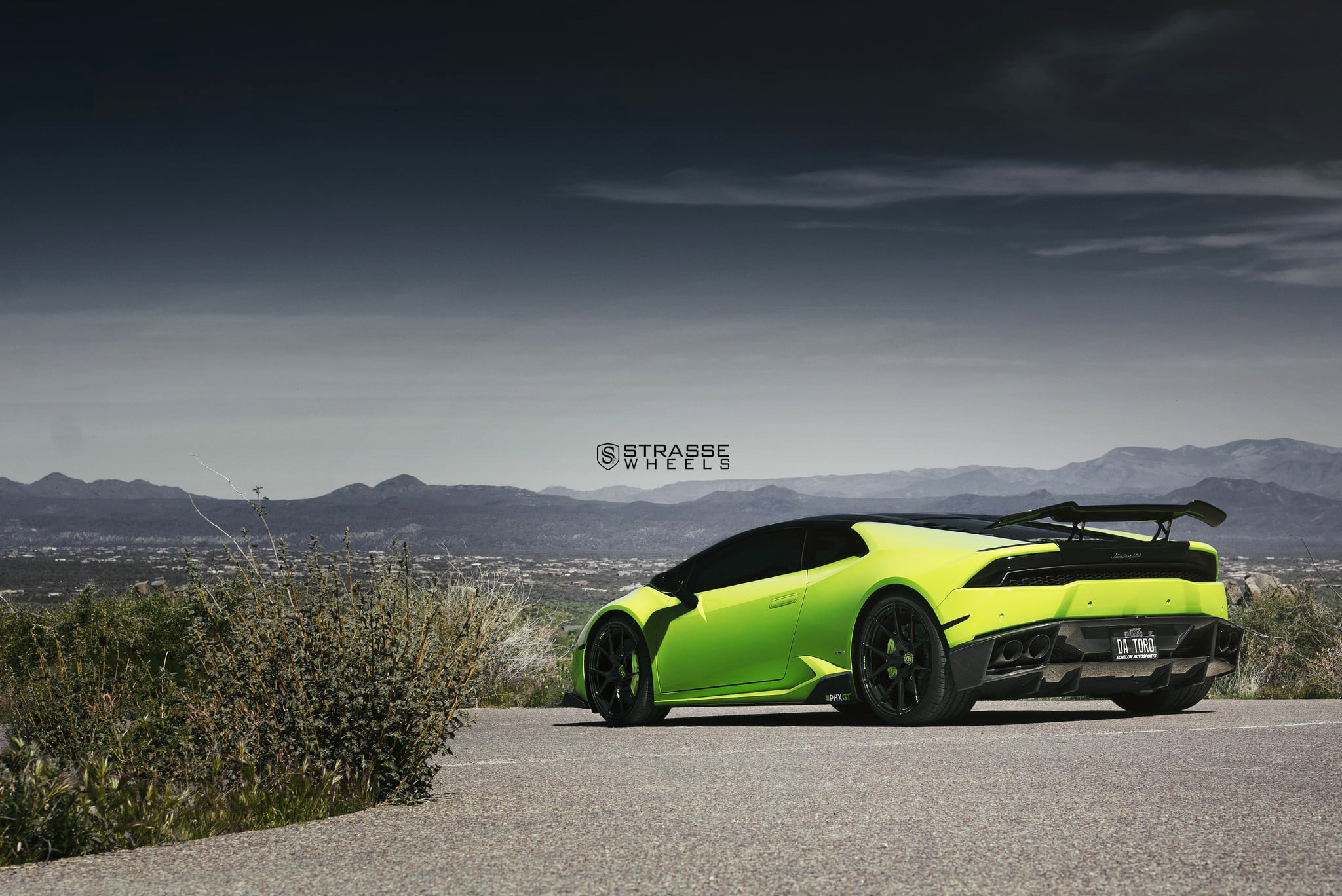 Large Wing Spoiler on Lime Green Lamborghini Huracan - Photo by Strasse Forged