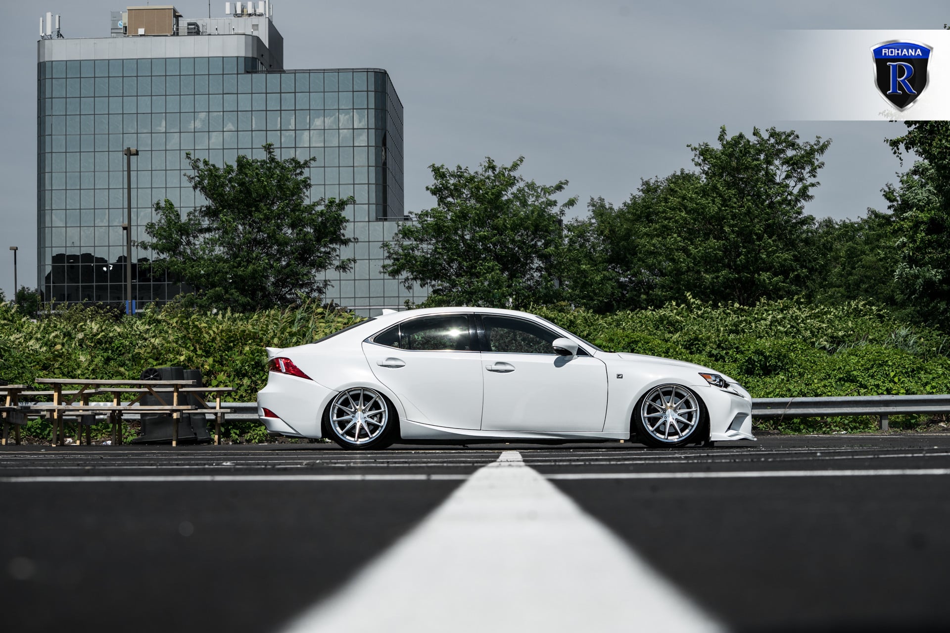 White Stanced Lexus IS with Aftermarket Side Skirts - Photo by Rohana Wheels