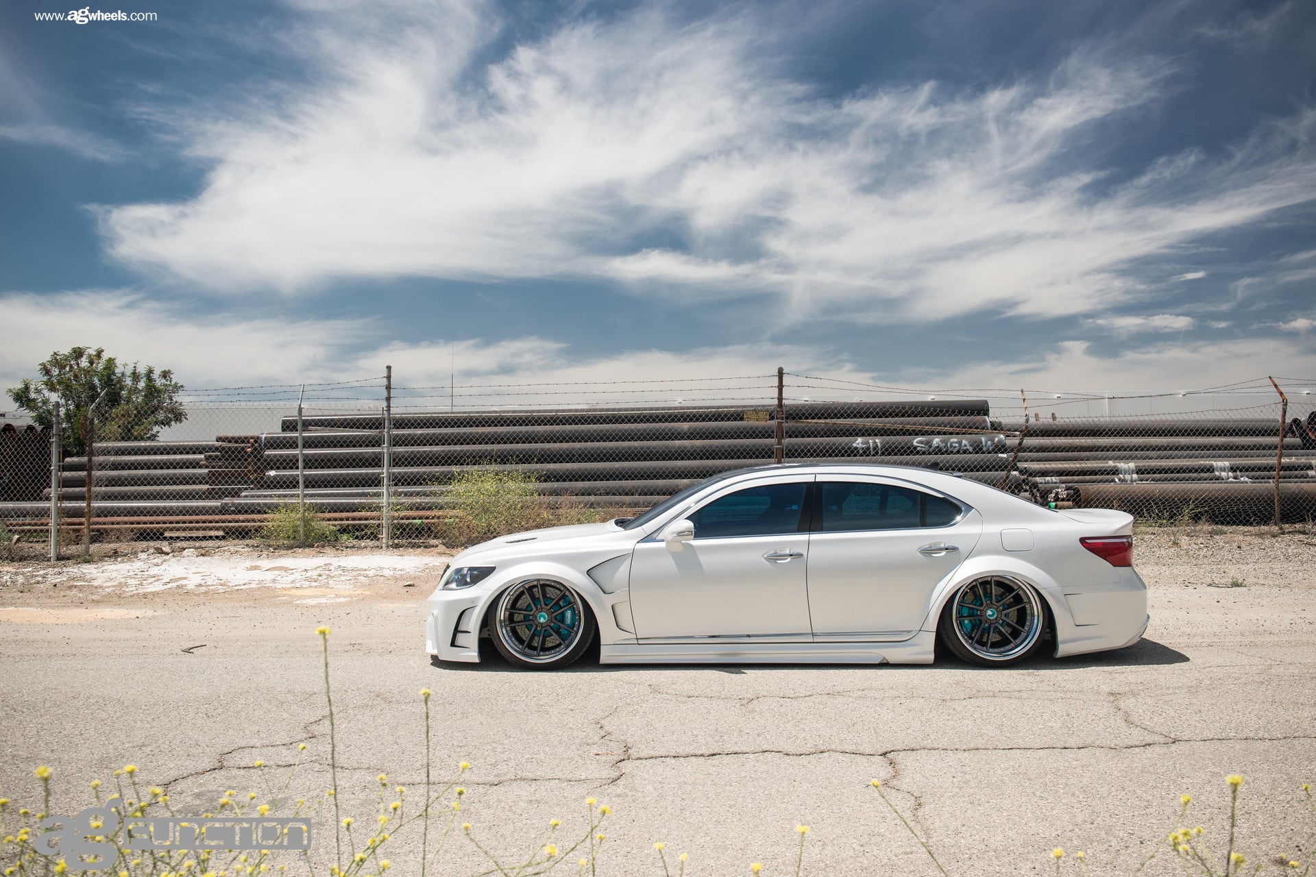Custom White Lowered Lexus LS Side Skirts - Photo by Avant Garde Wheels