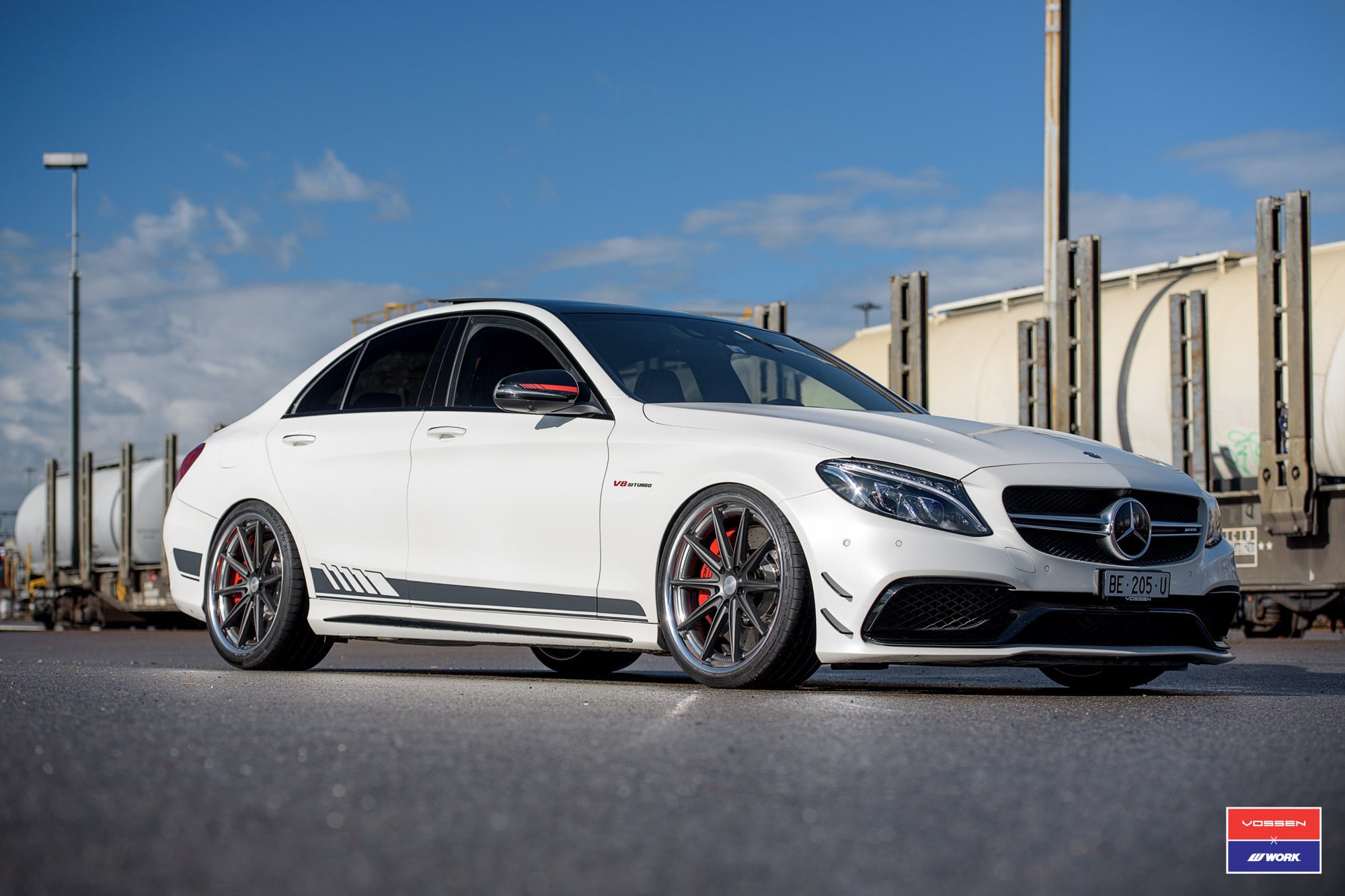 White Mercedes C Class V8 with Custom Front Bumper - Photo by Vossen