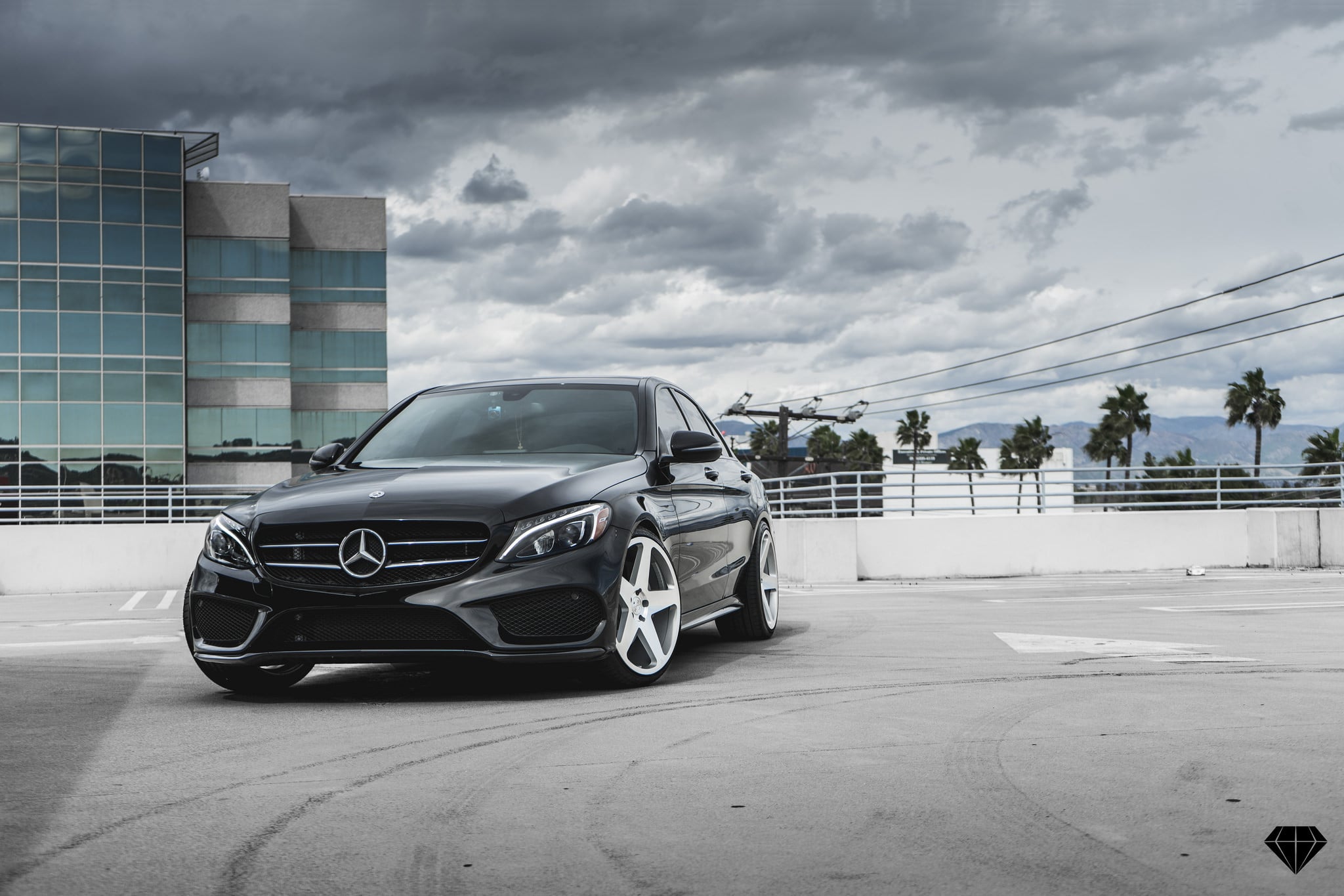 Black Mercedes C Class with Aftermarket LED Headlights - Photo by Blaque Diamond Wheels