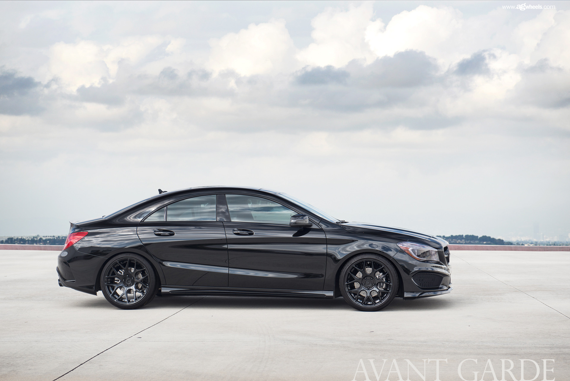 Aftermarket Side Skirts on Black Mercedes CLA  - Photo by Avant Garde Wheels