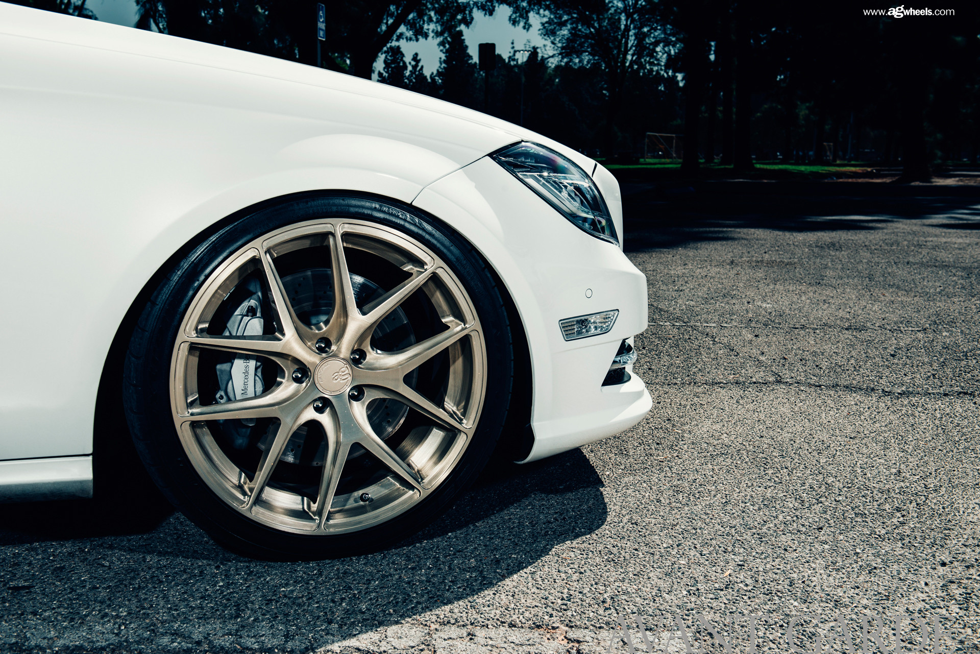 Bronze Avant Garde Rims on White Mercedes CLS - Photo by Avant Garde Wheels