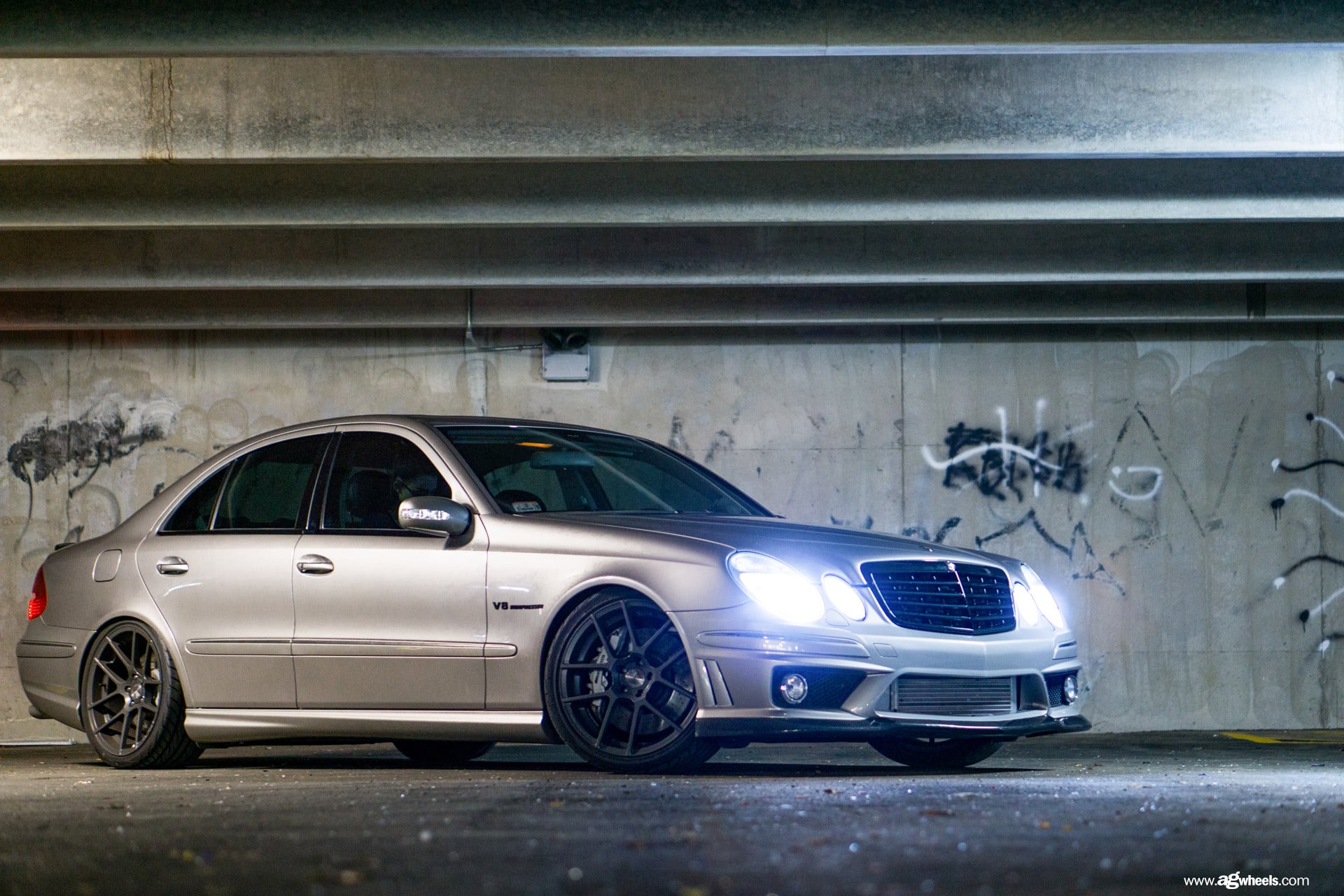 Gray Mercedes E-Class with Halo Headlights - Photo by Avant Garde Wheels