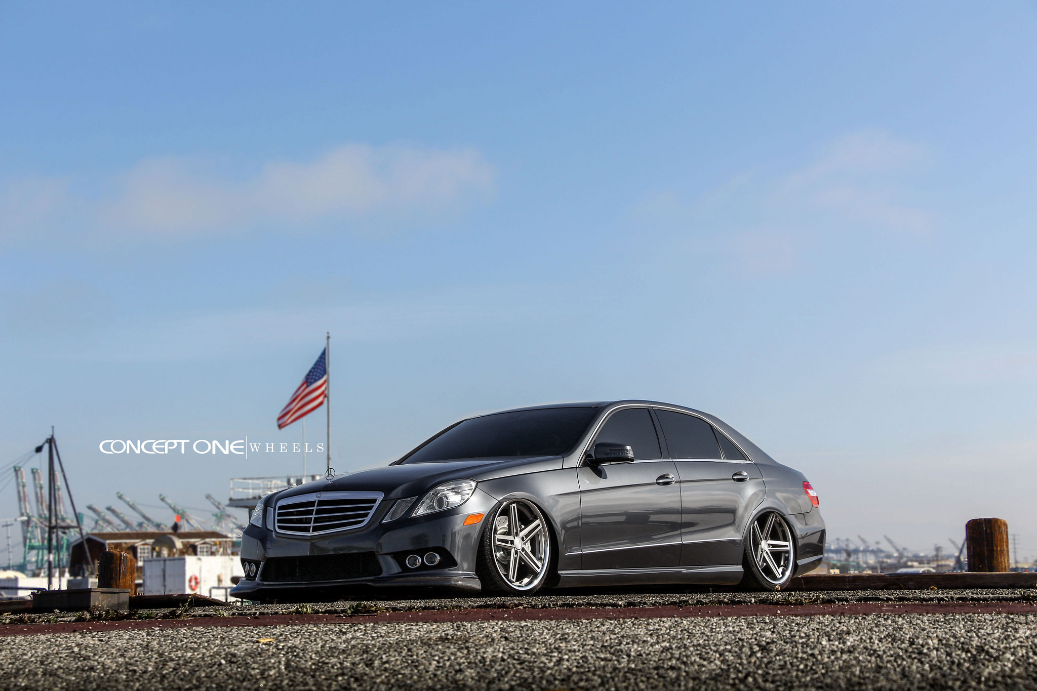 Gray Mercedes E-Class with Carbon Fiber Front Lip - Photo by Concept One