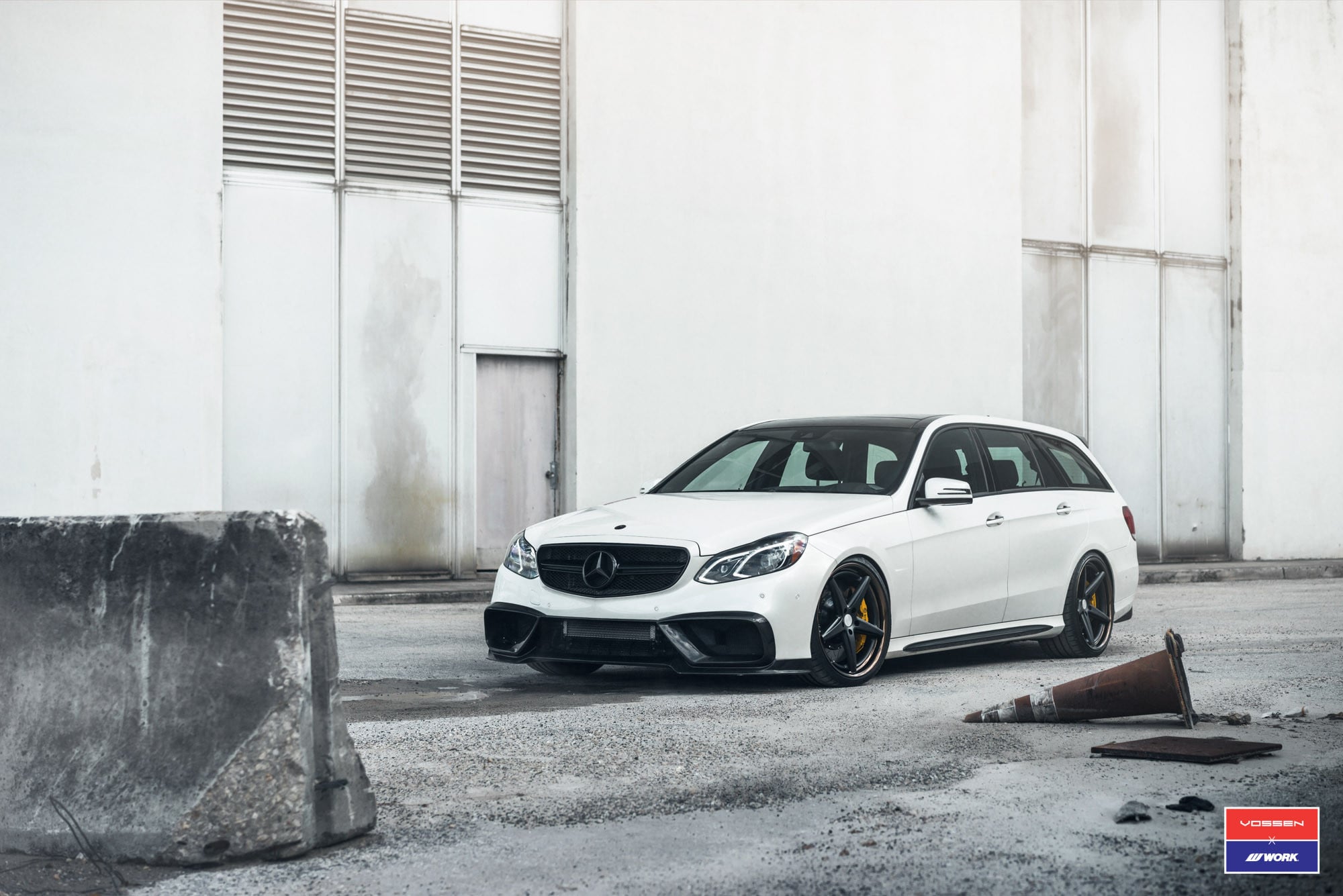 Custom White Mercedes E Class with Aftermarket Headlights - Photo by Vossen