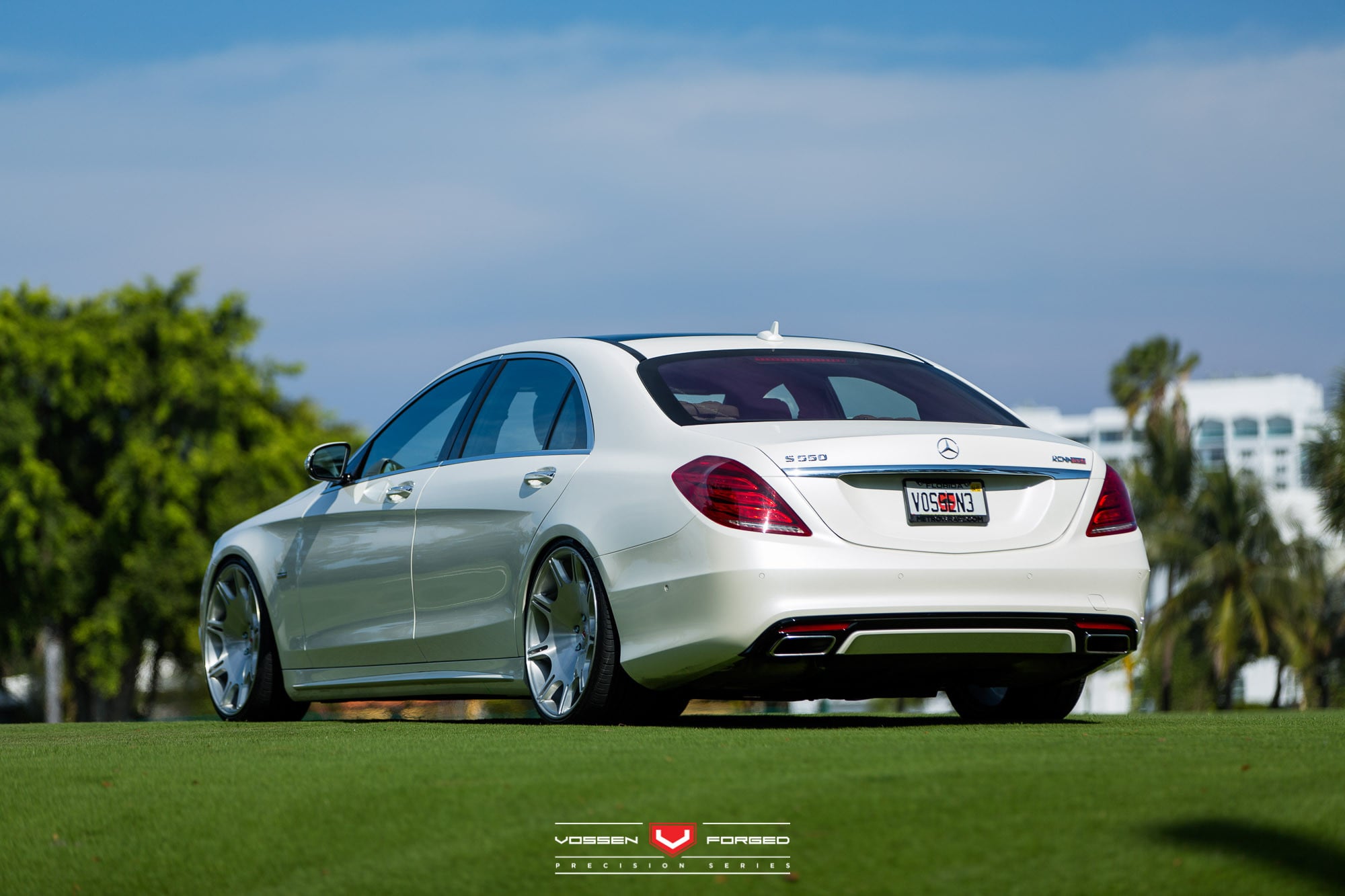 White Mercedes S Class with Custom Rear Bumper Cover - Photo by Vossen