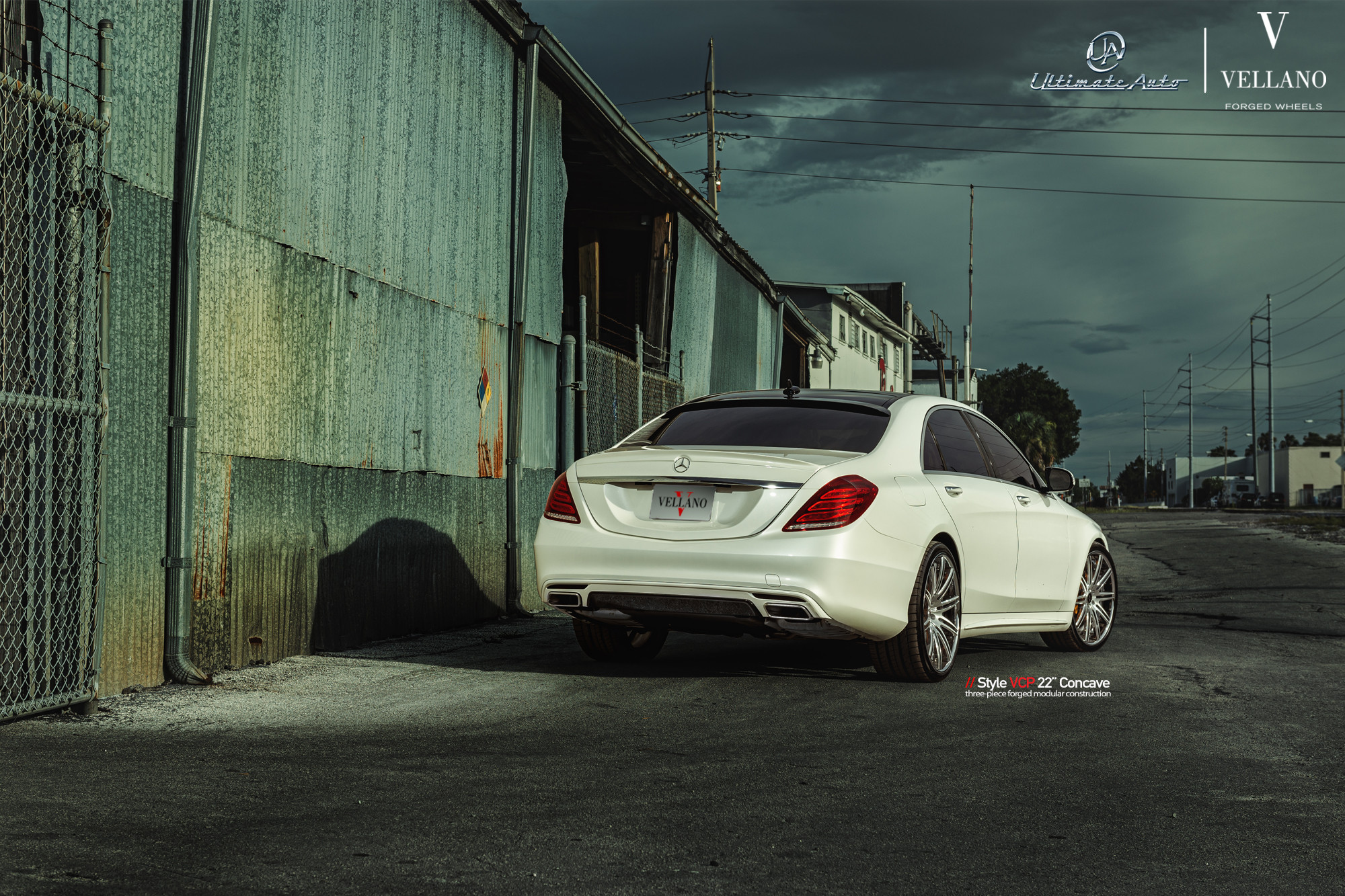 White Mercedes S-Class with Factory Style Rear Spoiler - Photo by Vellano