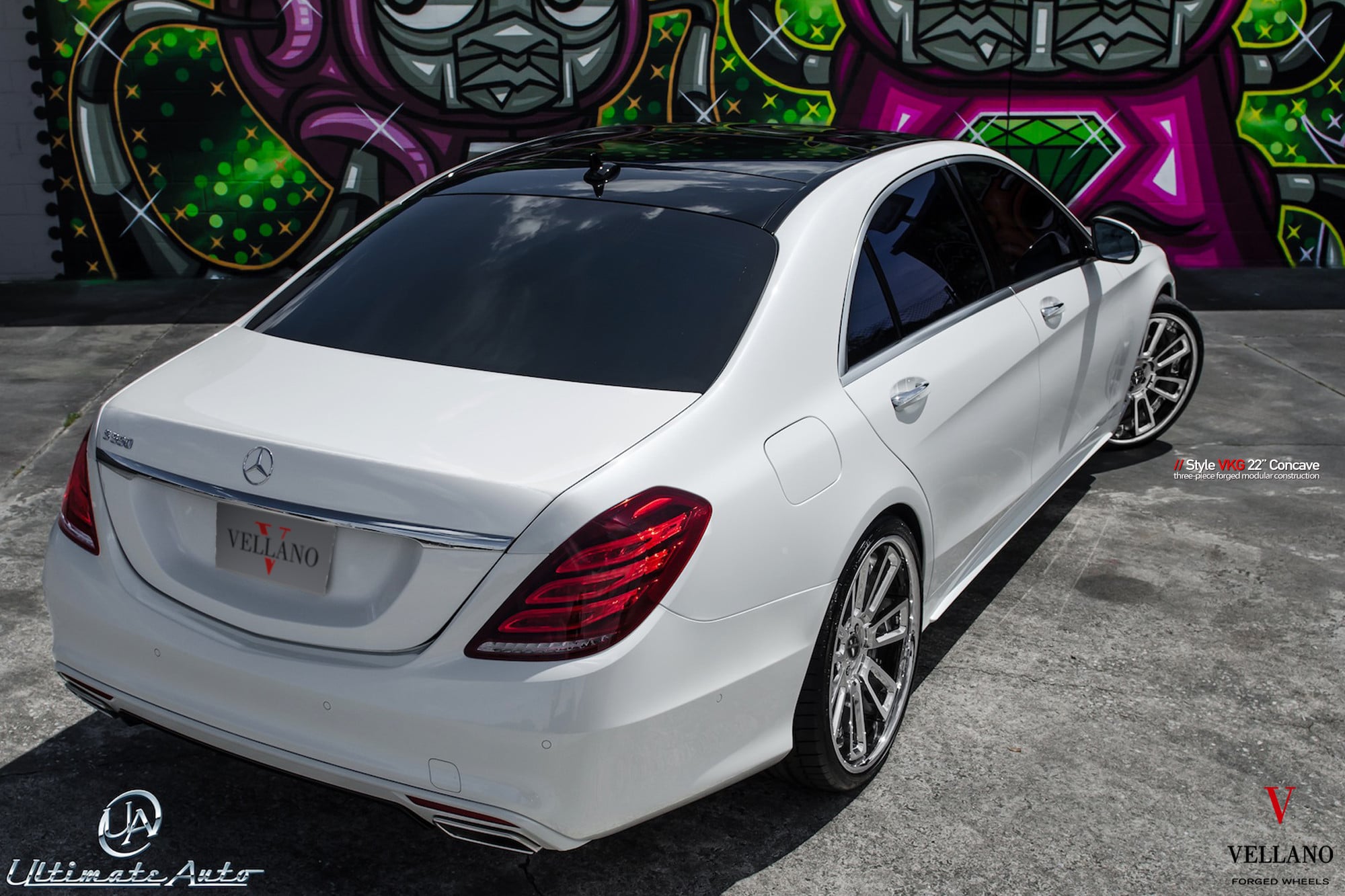 Red LED Taillights on White Mercedes S-Class - Photo by Vellano