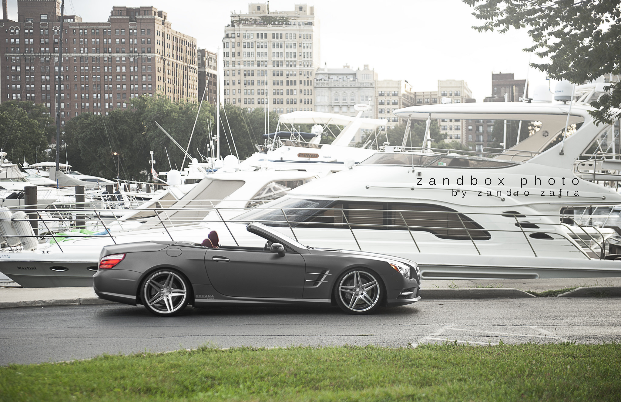 Gray Convertible Mercedes SL Class with Chrome Rohana Rims - Photo by zandbox