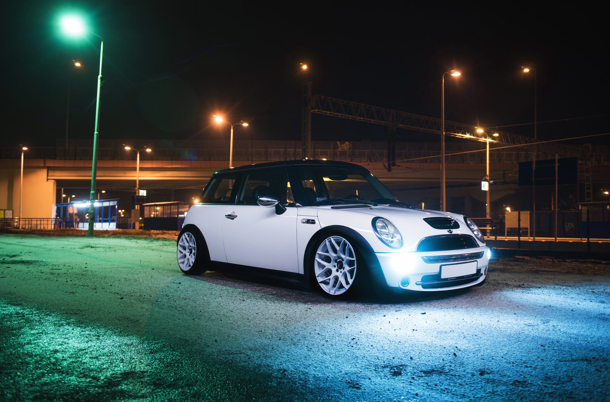 Front Bumper with Fog Lights on White Mini Cooper - Photo by JR Wheels