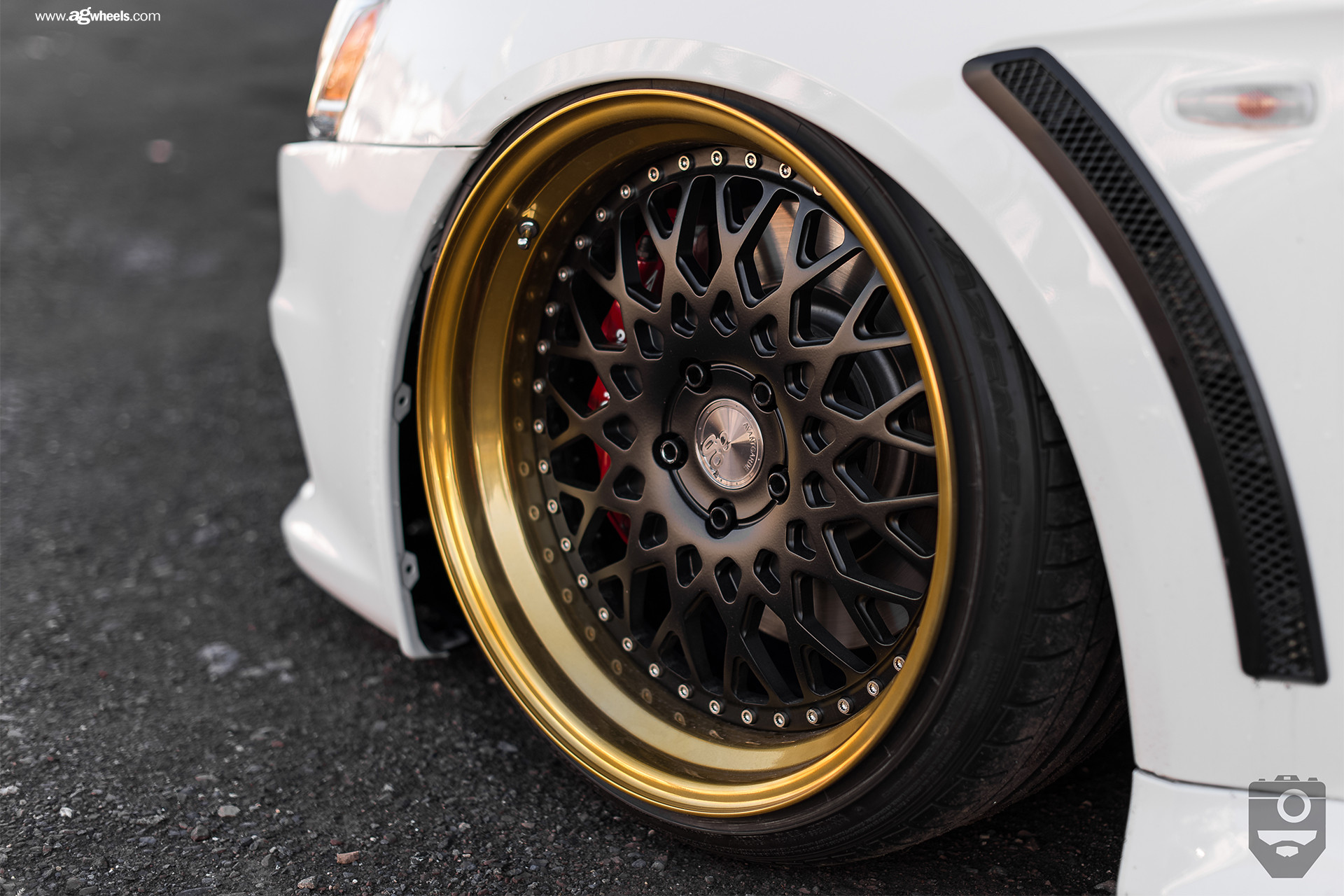 Gold Avant Garde Rims on White Mitsubishi Evolution - Photo by Avant Garde Wheels