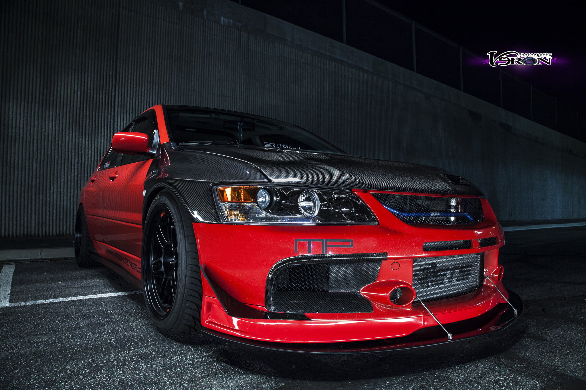 Carbon Fiber Hood on Red Mitsubishi Evolution - Photo by Manuel Veron