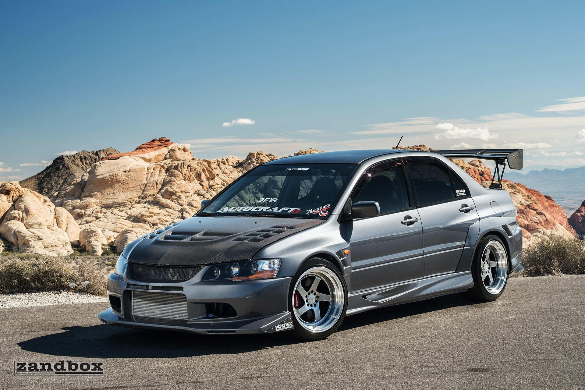 Gray Mitsubishi Evolution with Custom Front Bumper Lip - Photo by zandbox