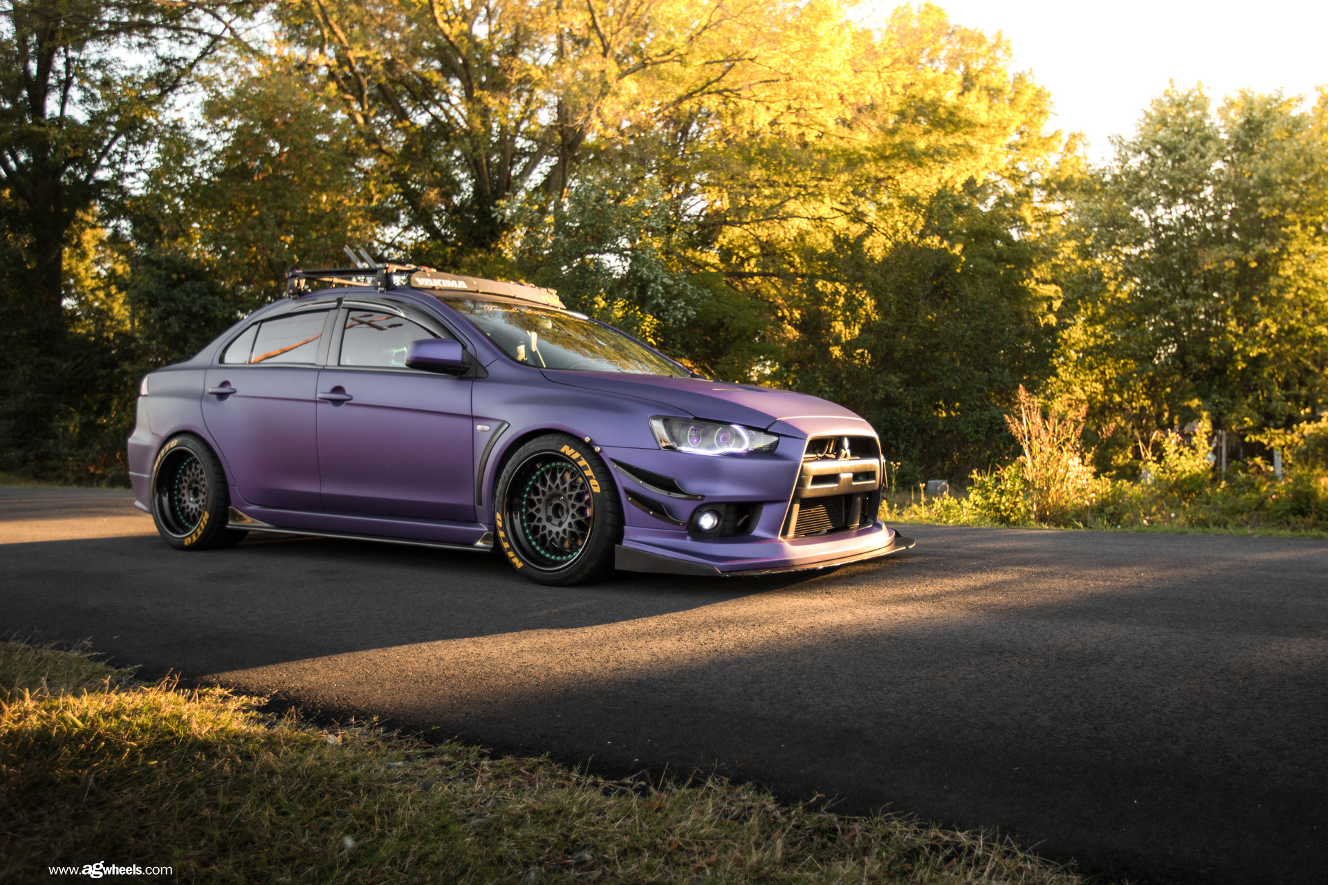 Purple Mitsubishi Lancer Evolution WIth Yakima Roof Rack - Photo by Avant Garde