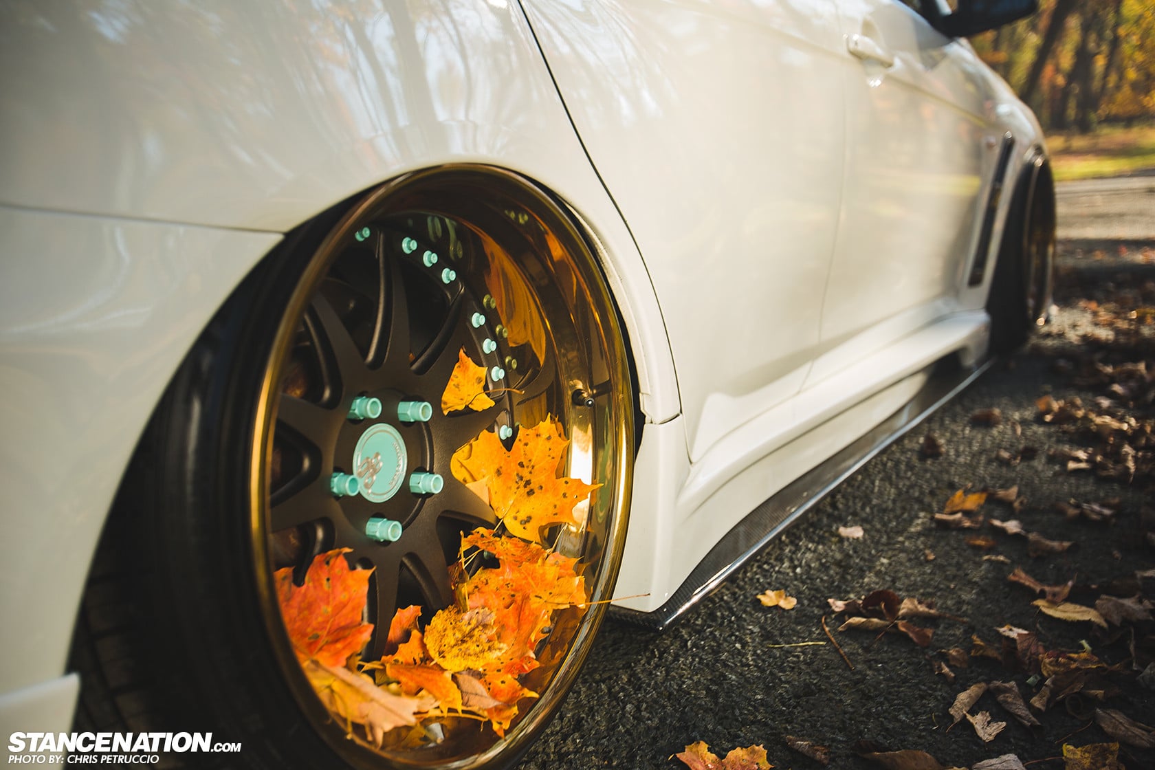 White Mitsubishi Evolution Custom Side Skirts - Photo by Avant Garde Wheels