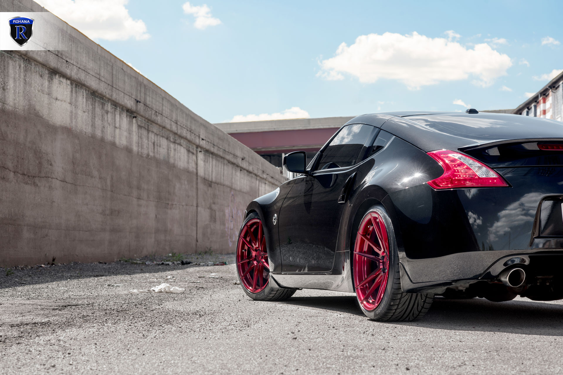 Nissan 370z With Burgundy Custom Rims - Photo by Rohana Wheels