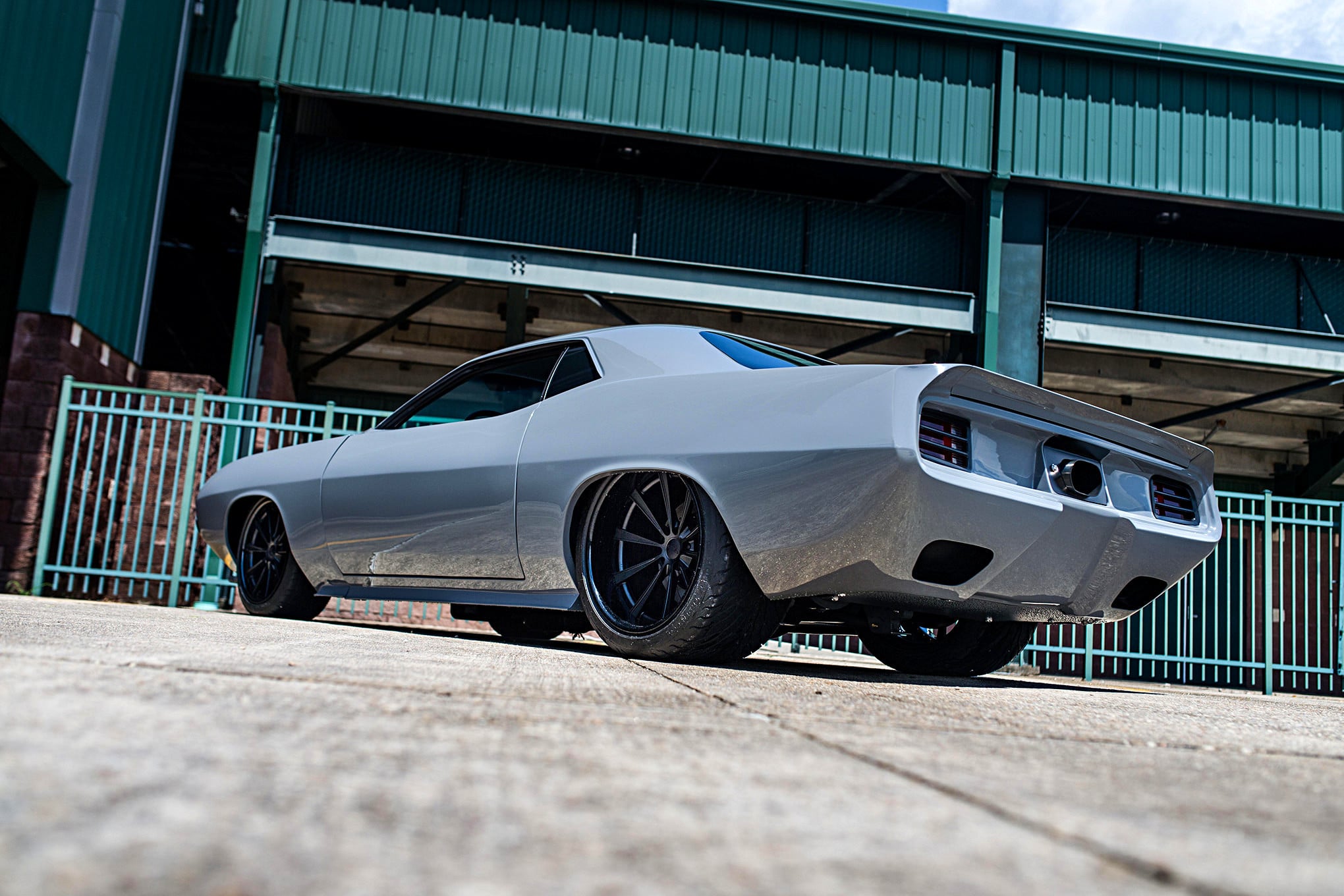 Gray Plymouth Barracuda with Aftermarket Rear Bumper - Photo by Forgeline Motorsports