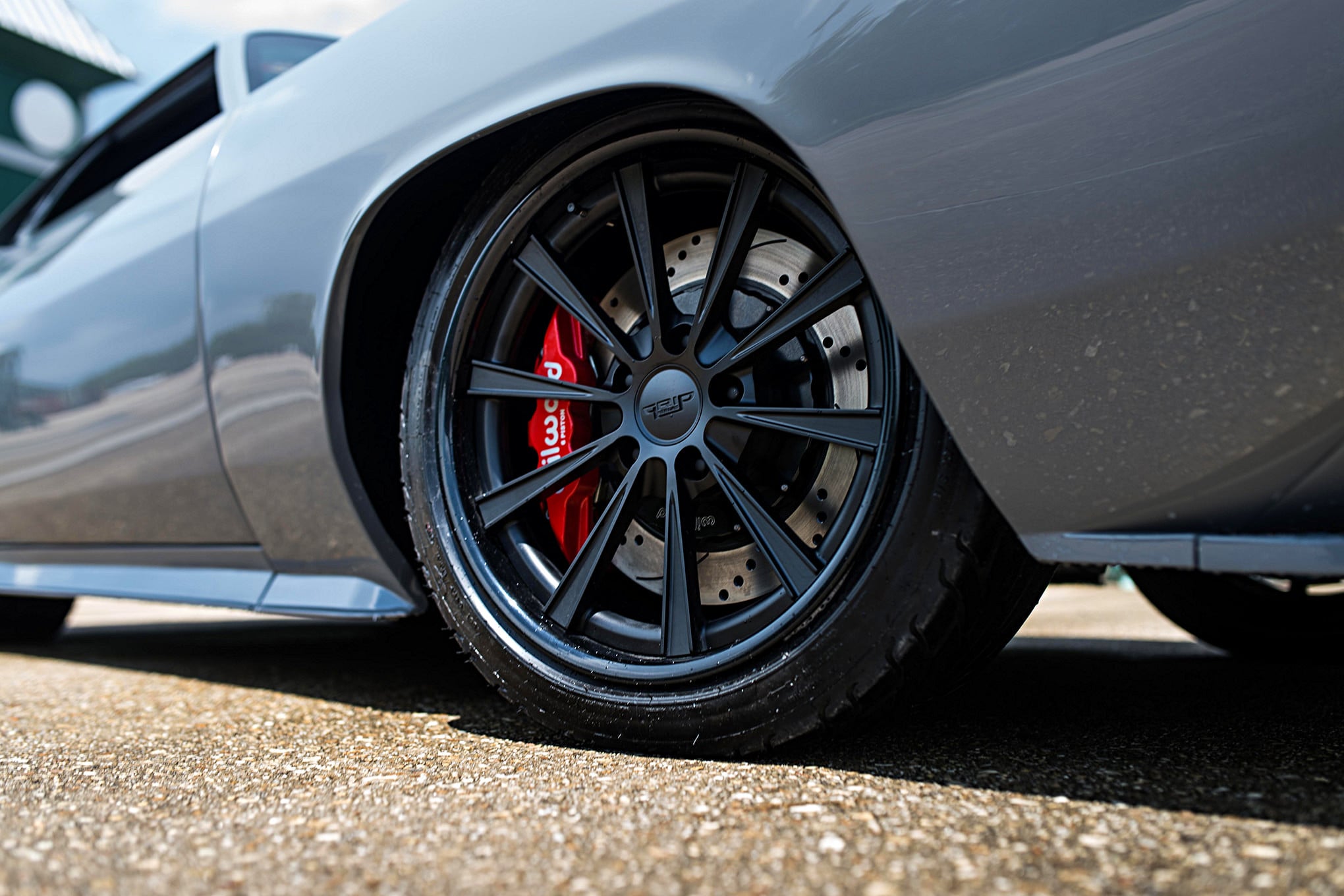 Forgeline Rims with Brembo Brakes on Gray Plymouth Barracuda - Photo by Forgeline Motorsports