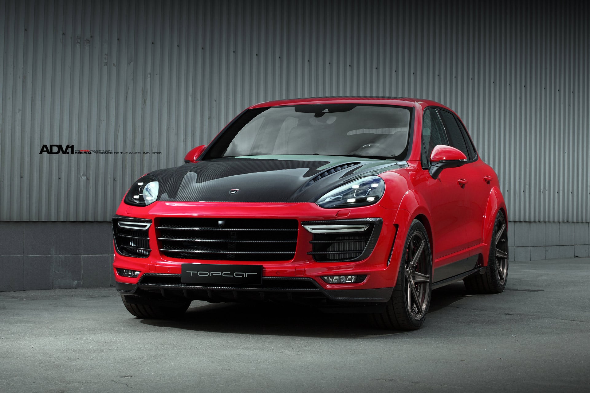 Red Porsche Cayenne with Carbon Fiber Hood, Front Bumper and Rear Diffuser - Photo by ADV.1