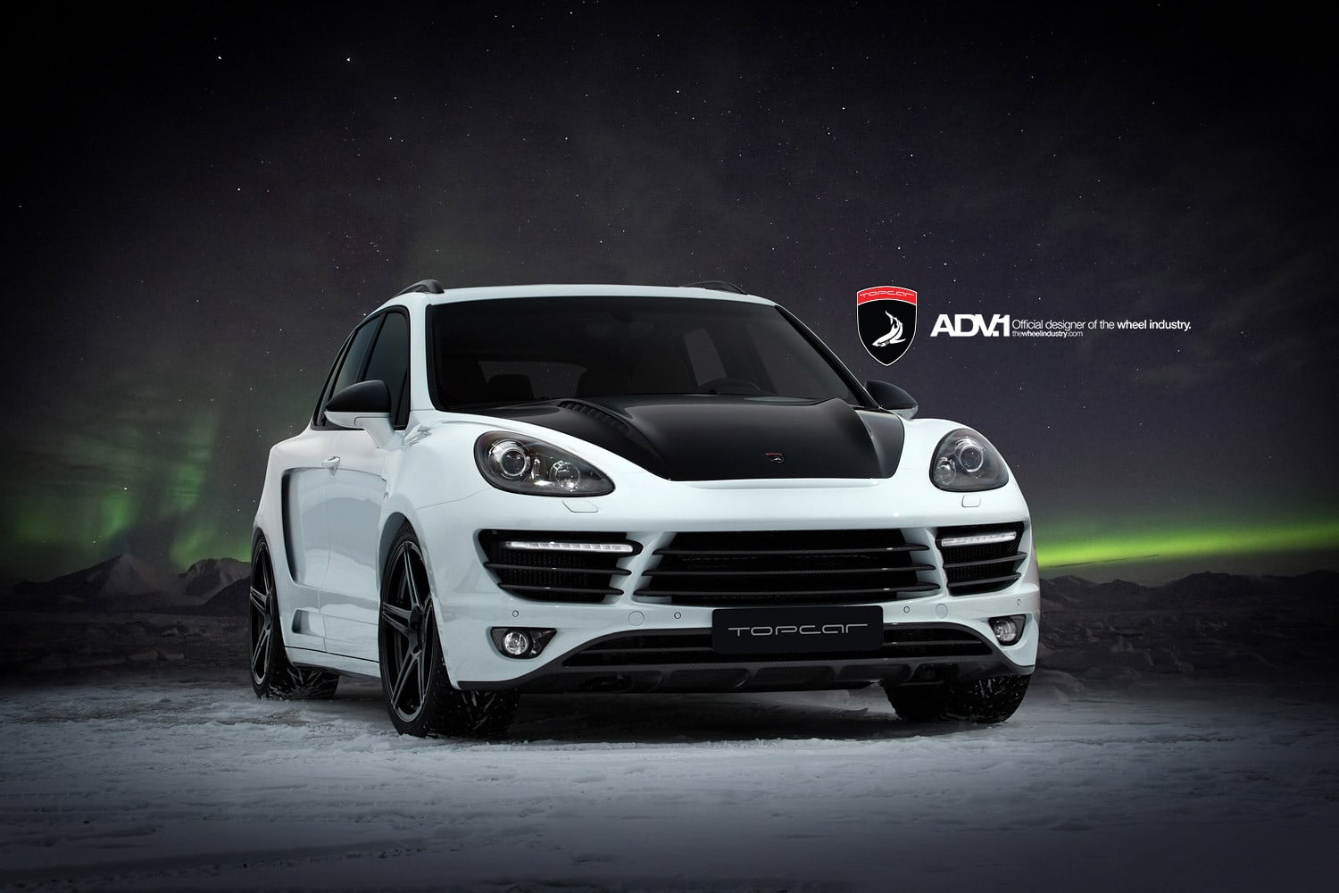 White Porsche Cayenne with Custom Black Vented Hood - Photo by ADV.1