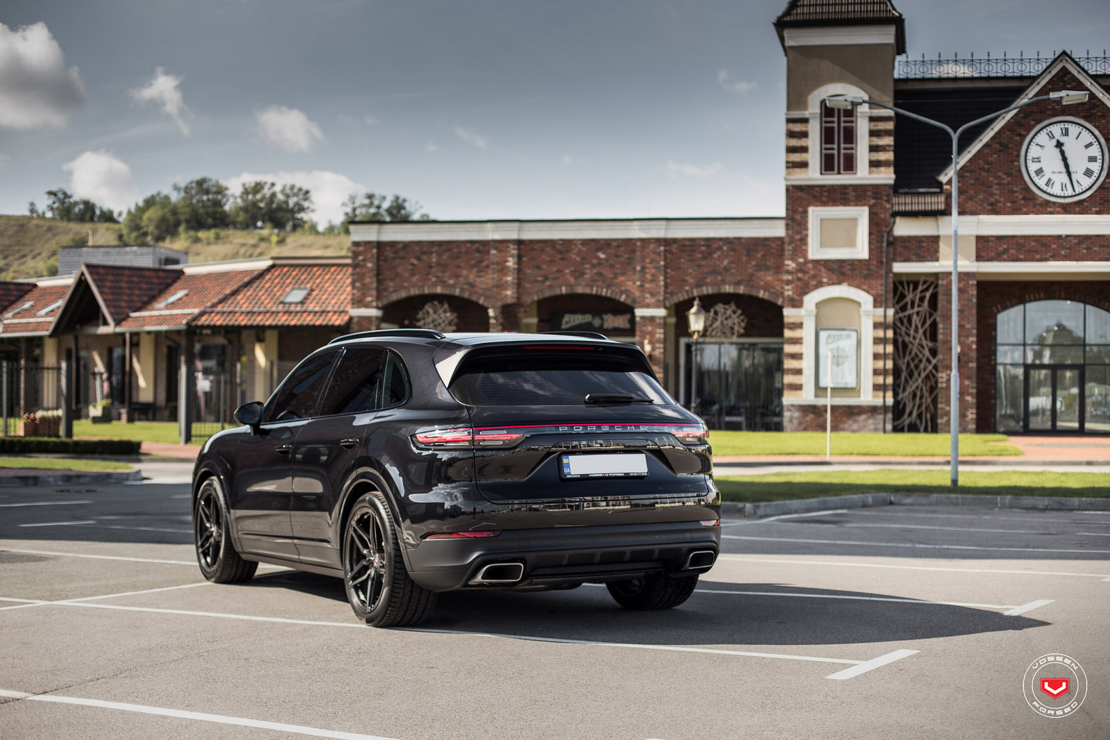 Roofline Spoiler with Light on Black Porsche Cayenne - Photo by Vossen