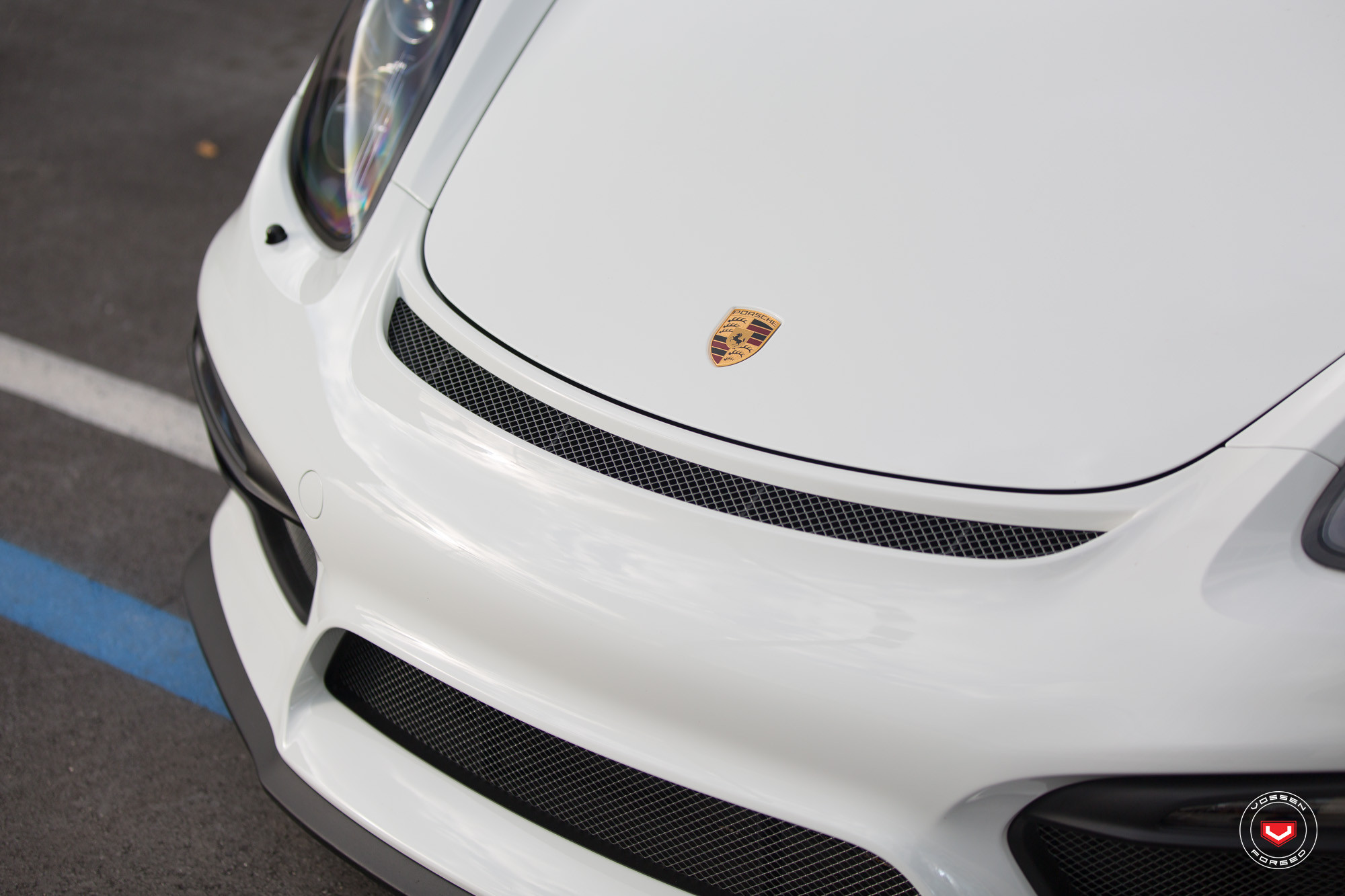 Custom Vented Hood on White Porsche Cayman - Photo by Vossen