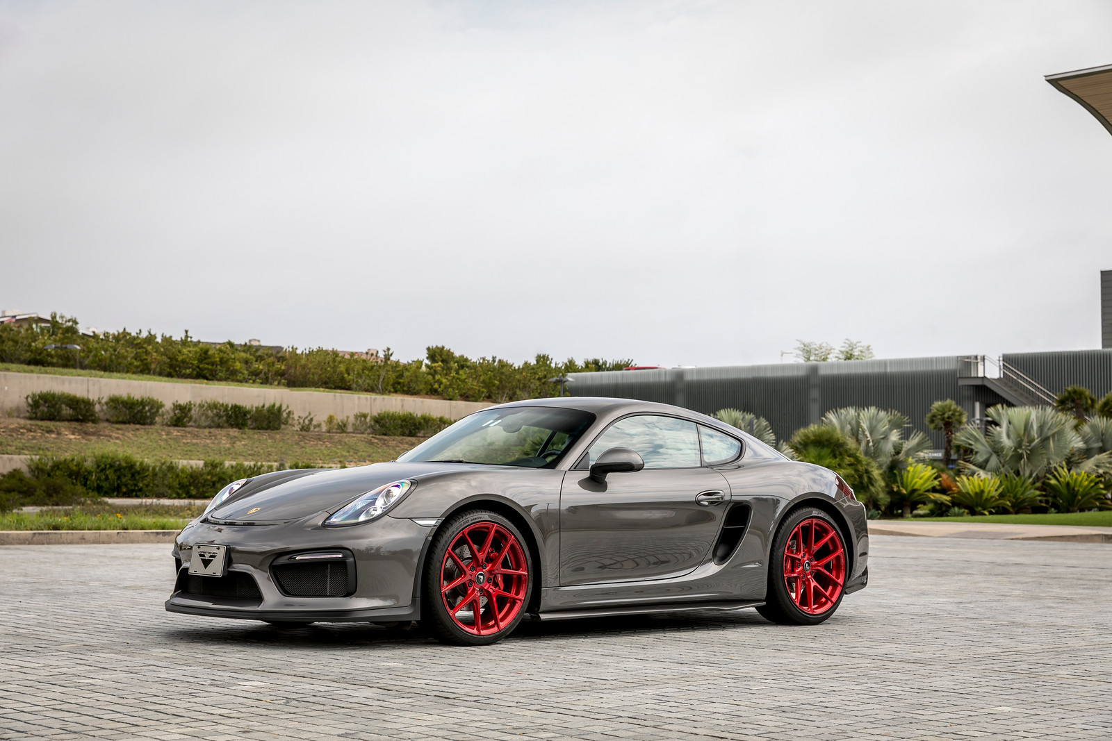 Red Vorsteiner Wheels on Gray Porsche Cayman - Photo by Vorstiner