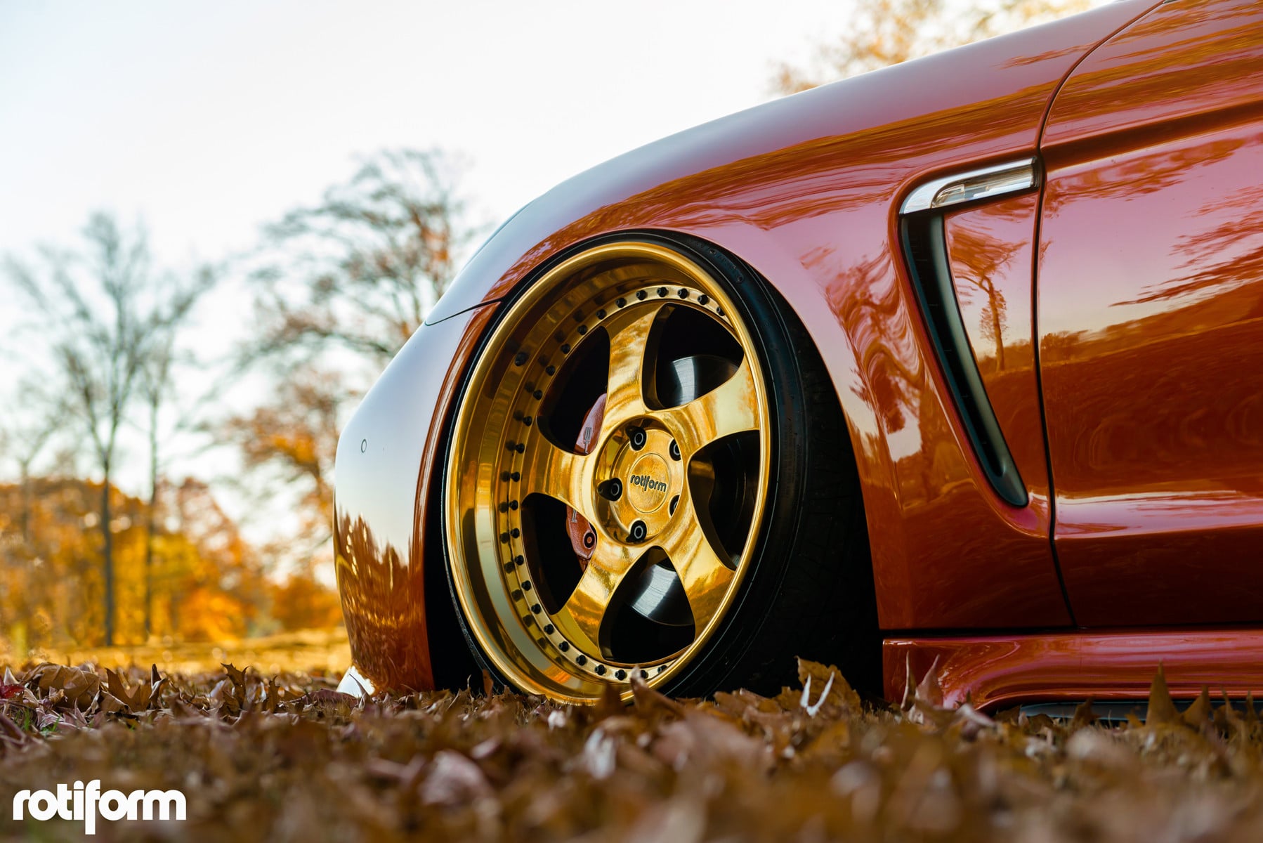 Red Porsche Panamera with Gloss Candy Gold Rotiform Rims - Photo by Rotiform