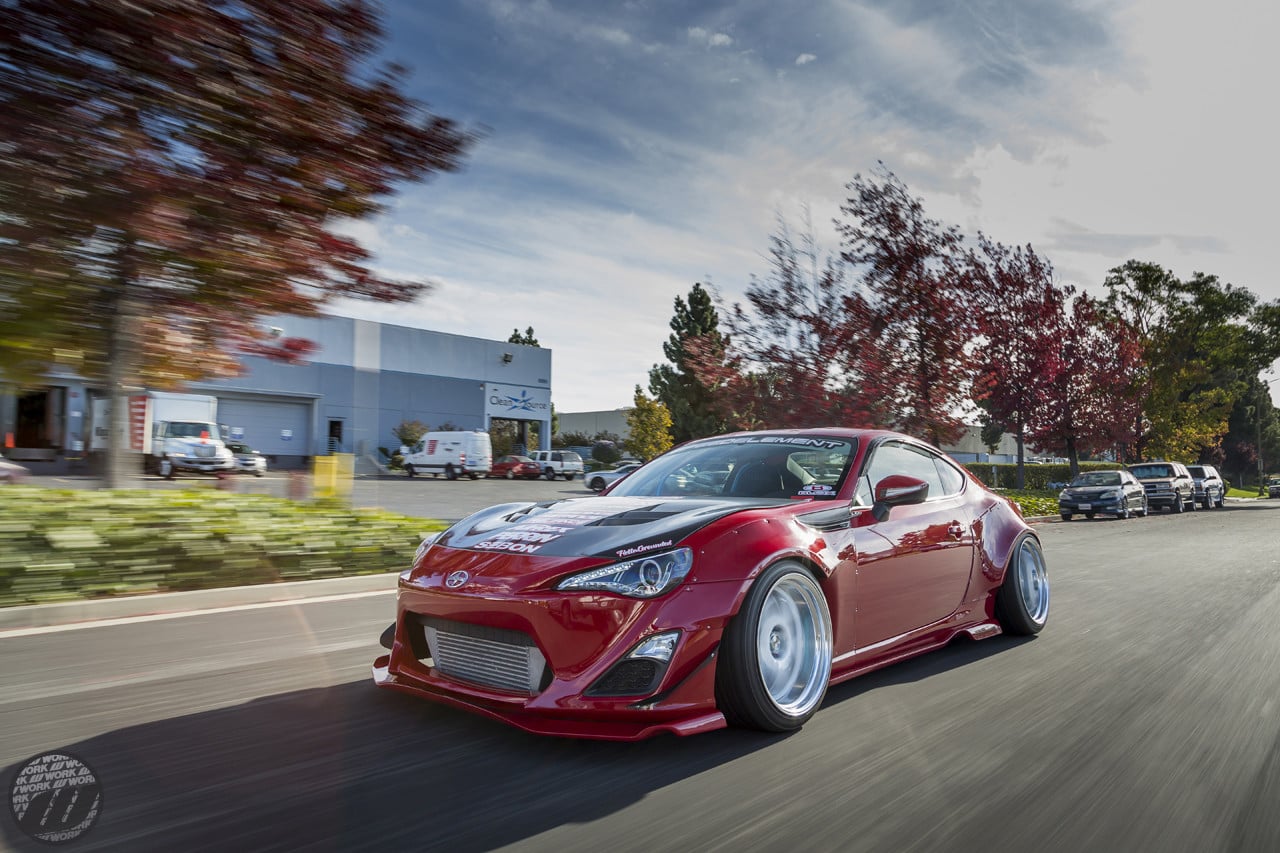 Red Debadged Scion FRS with Custom Vented Hood - Photo by WORK Wheels Japan