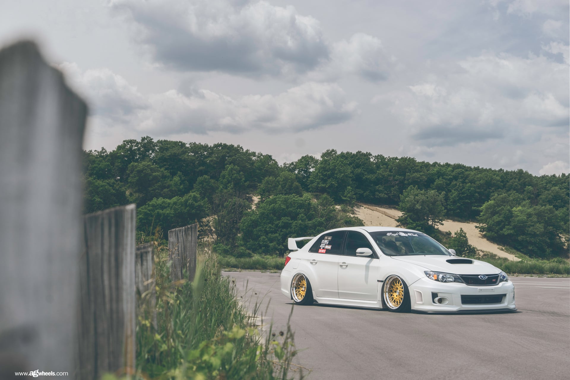 Custom White Stanced Debadged Subaru WRX - Photo by Avant Garde Wheels