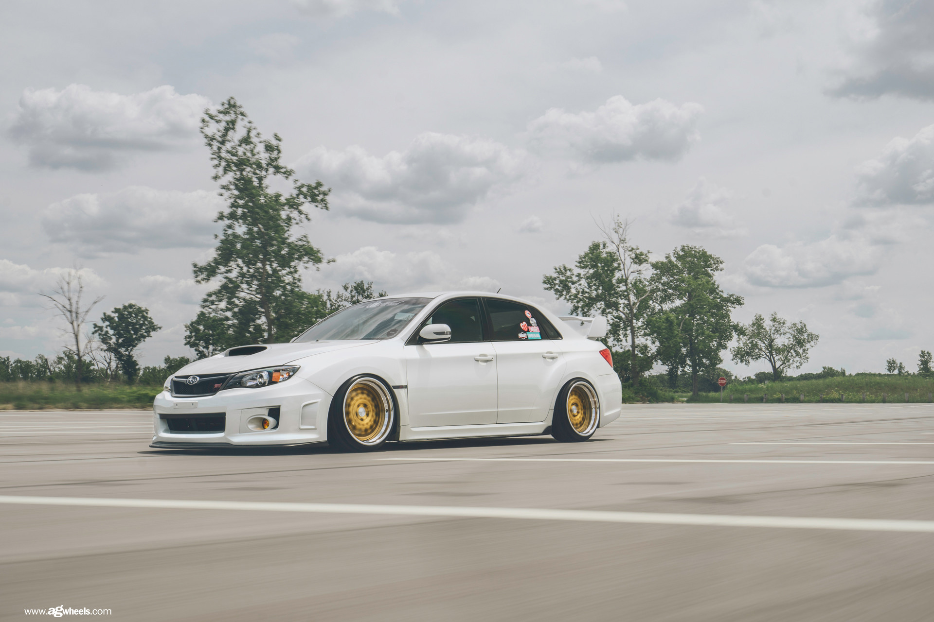 Front Bumper Lip Spoiler on White Subaru WRX - Photo by Avant Garde Wheels