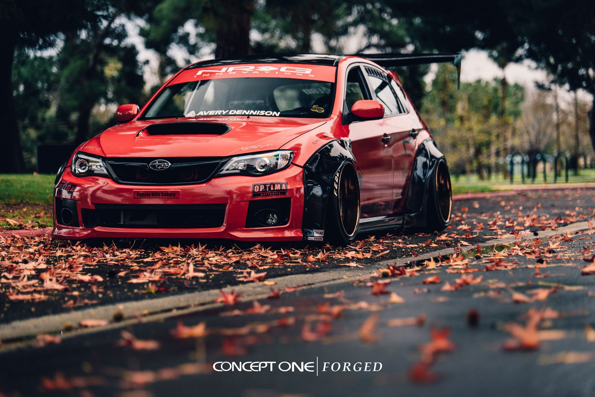 Aftermarket Dark Smoke Headlights on Red Subaru WRX - Photo by Concept One
