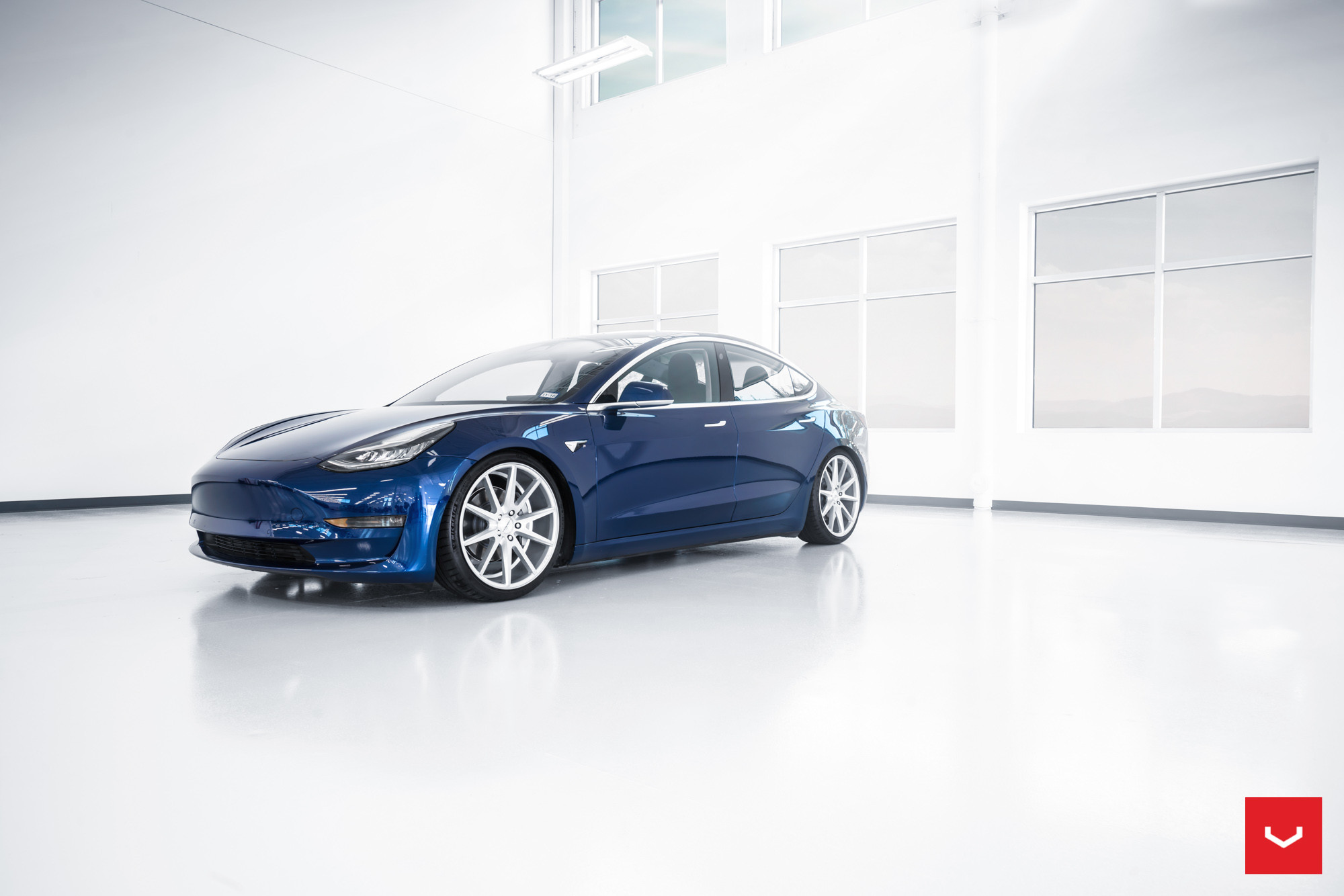 Blue Tesla Model 3 with Aftermarket Front Bumper - Photo by Vossen