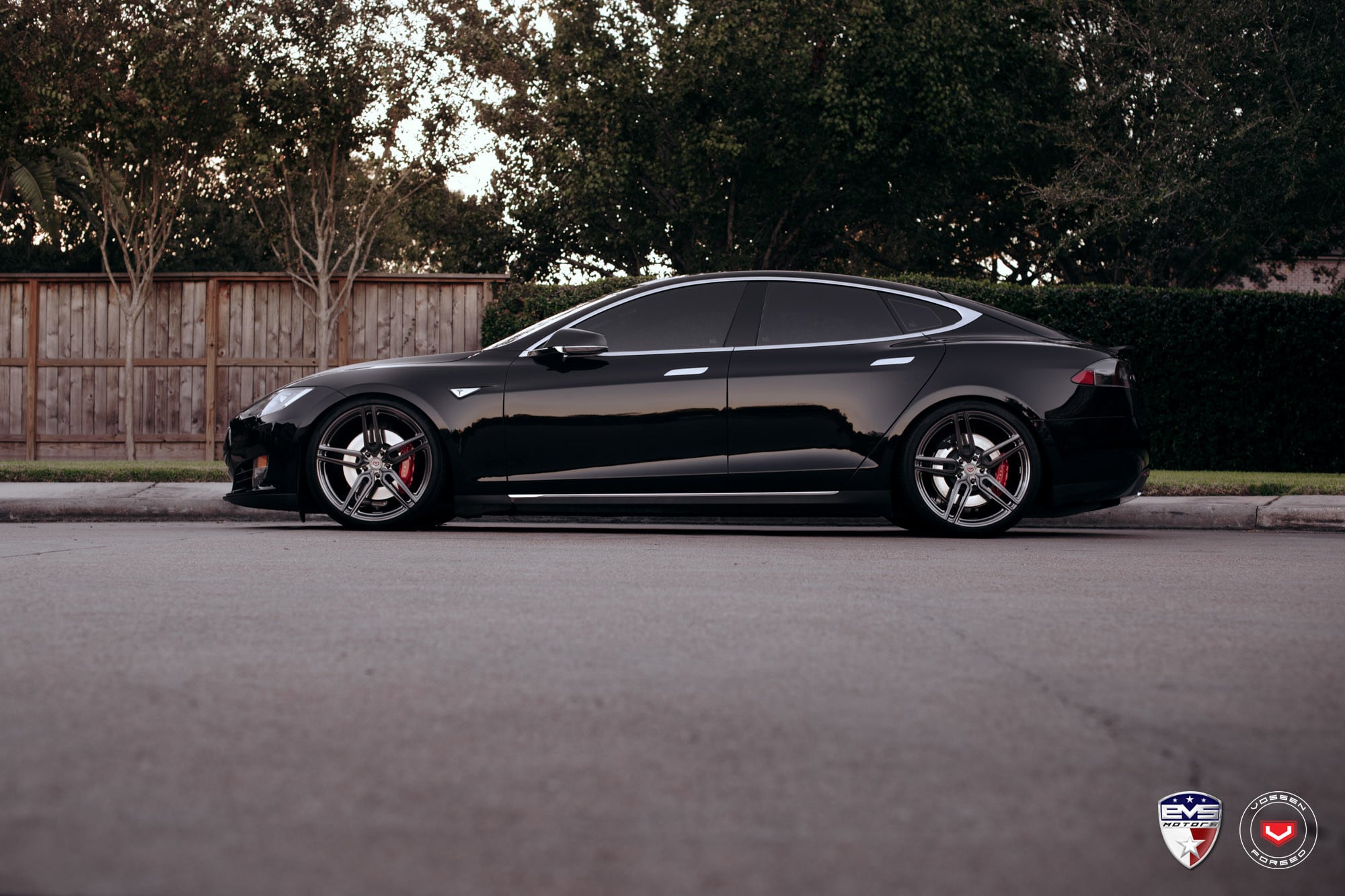 Aftermarket Side Skirts on Black Tesla Model S - Photo by Vossen