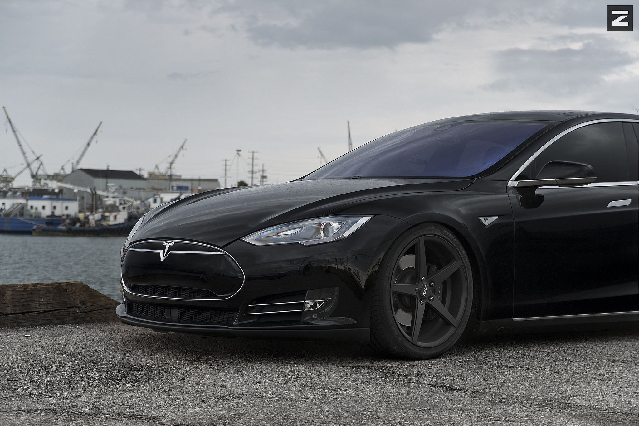 Dark Smoke Headlights on Black Tesla Model S - Photo by Zito Wheels