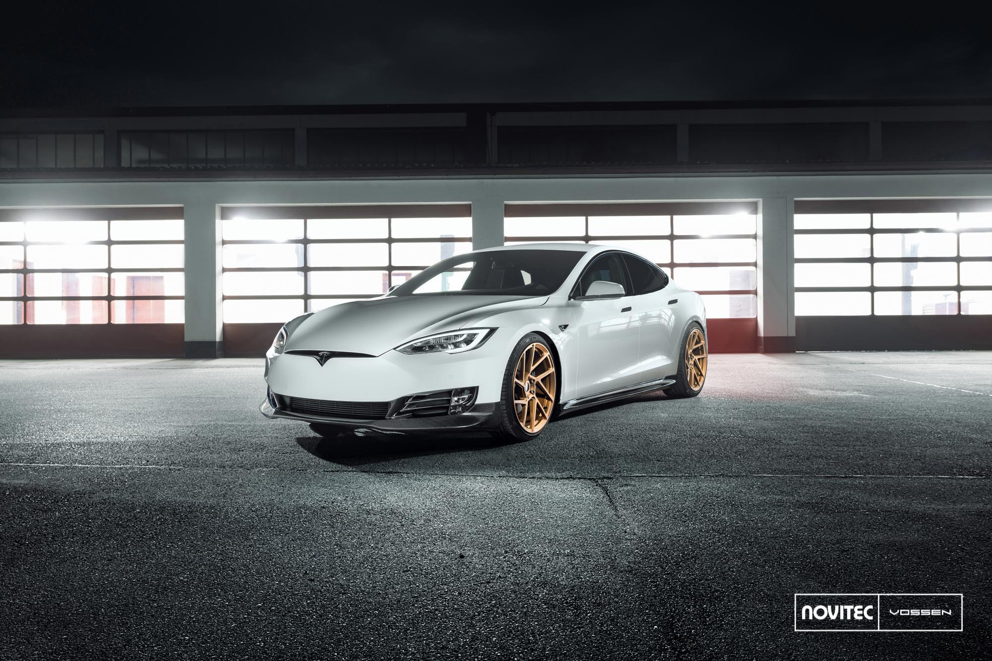 White Tesla Model S with Carbon Fiber Front Lip - Photo by Vossen